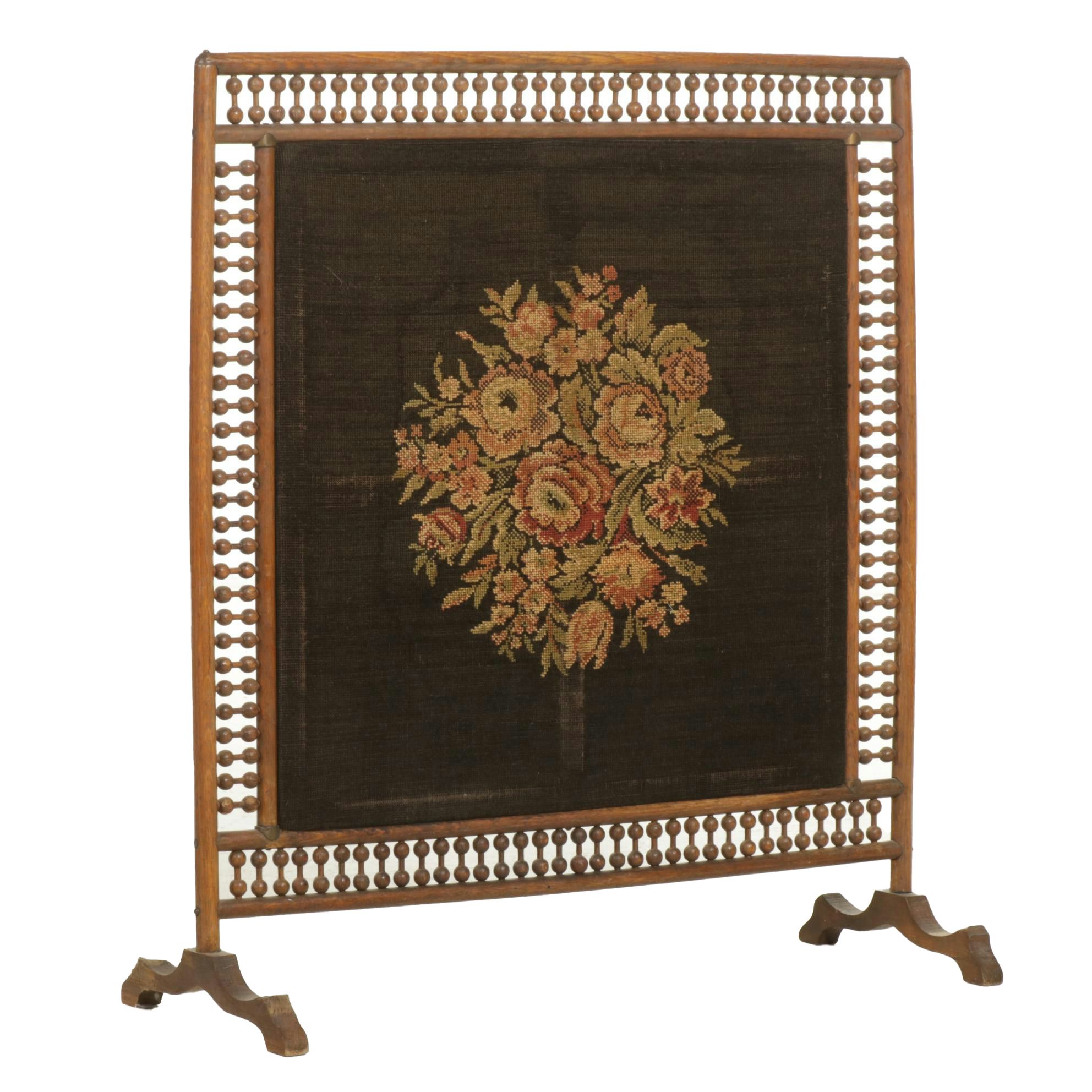 Victorian Needlepoint Fireplace Screen with Stick and Ball Frame