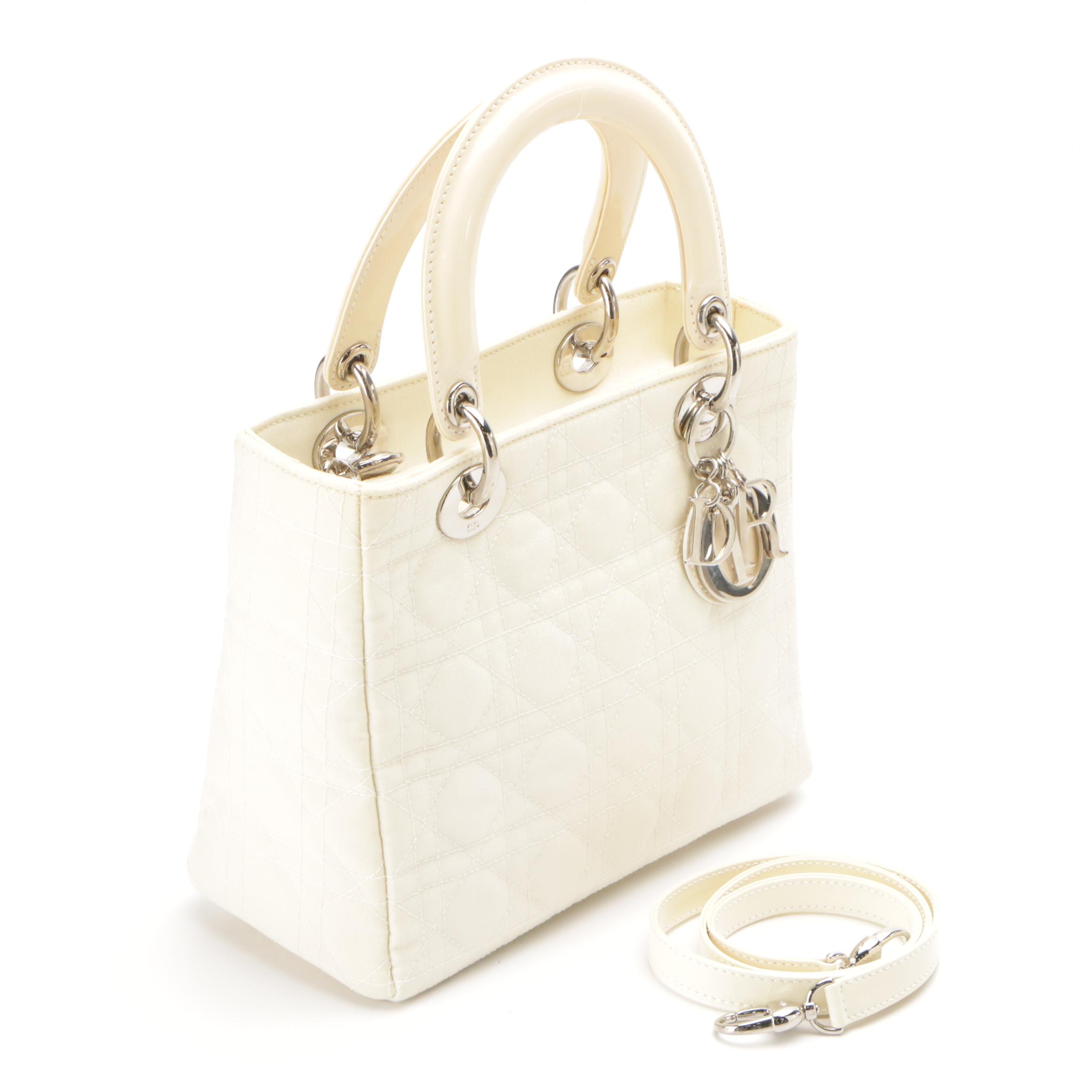 Christian Dior Lady Dior Bag in Shimmery Cannage Quilted Fabric & Patent Leather