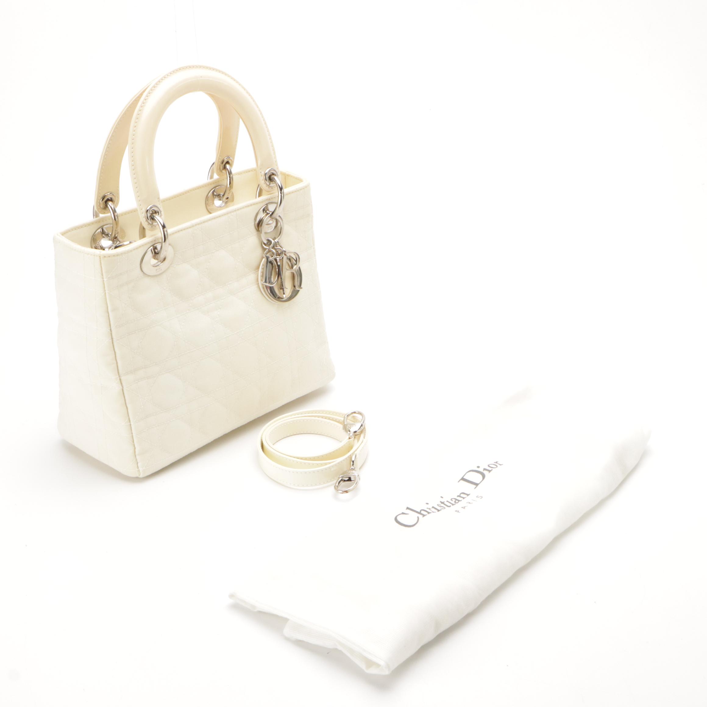 Christian Dior Lady Dior Bag in Shimmery Cannage Quilted Fabric & Patent Leather