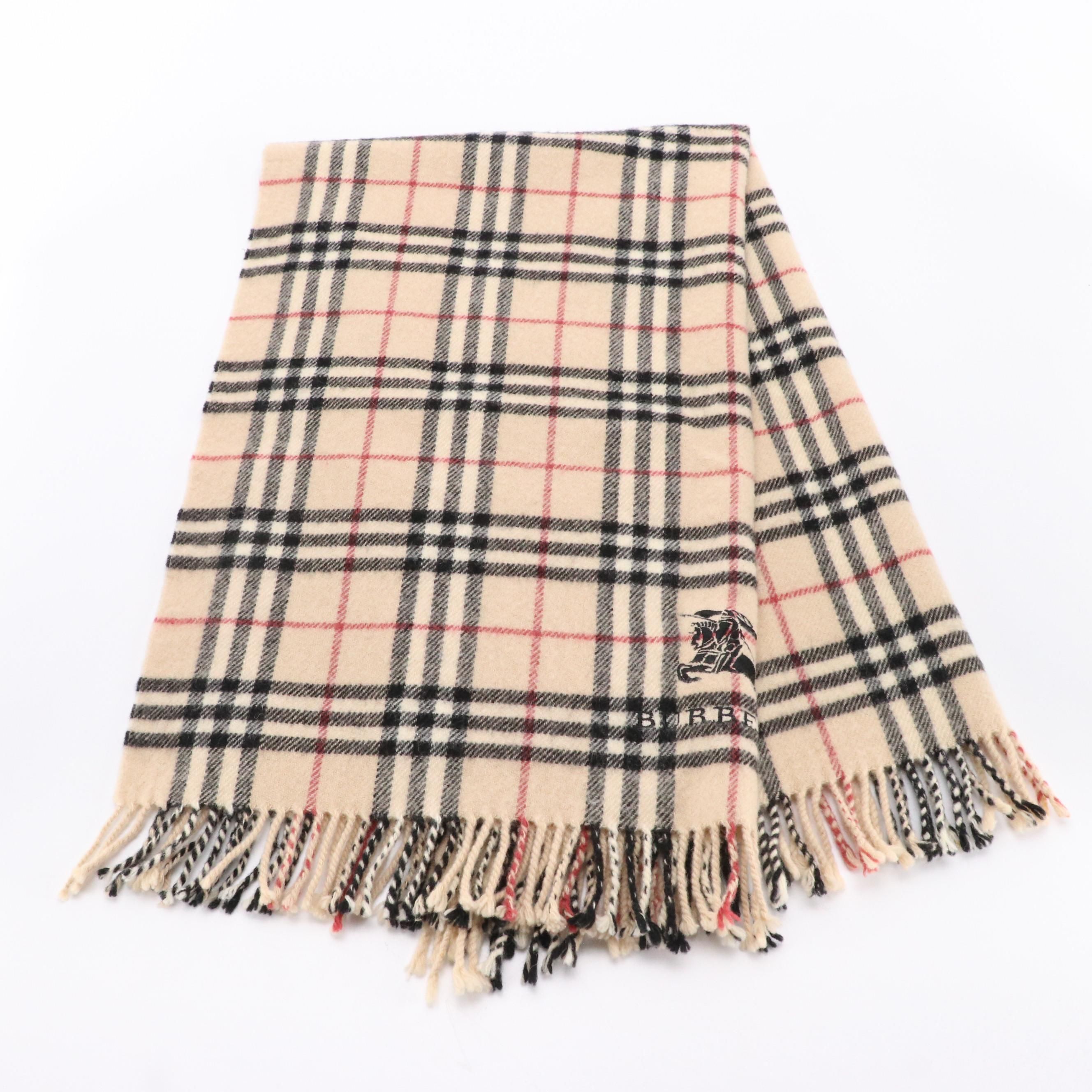 Burberry Logo Embroidered House Check Wool Fringe Hem Scarf