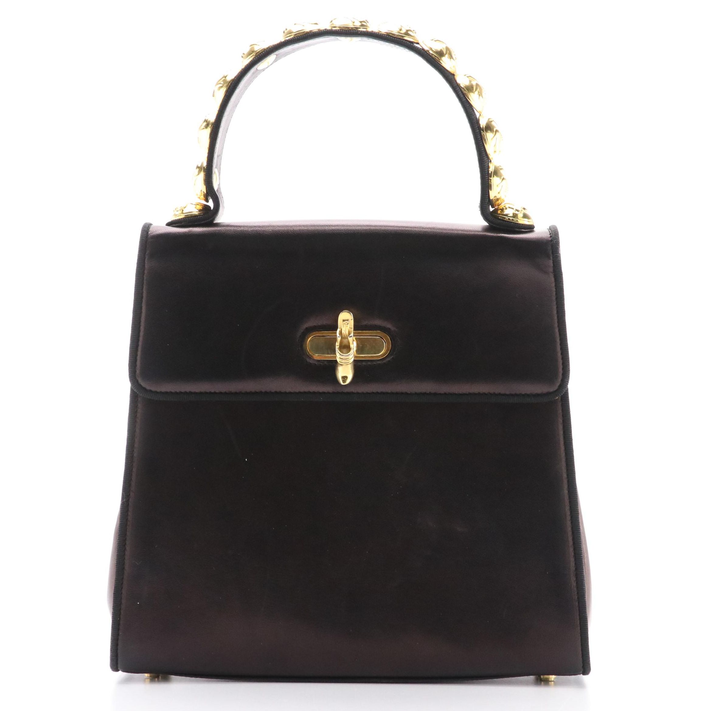Salvatore Ferragamo Shoe Motif Stud Top Handle Handbag in Black Nappa Leather