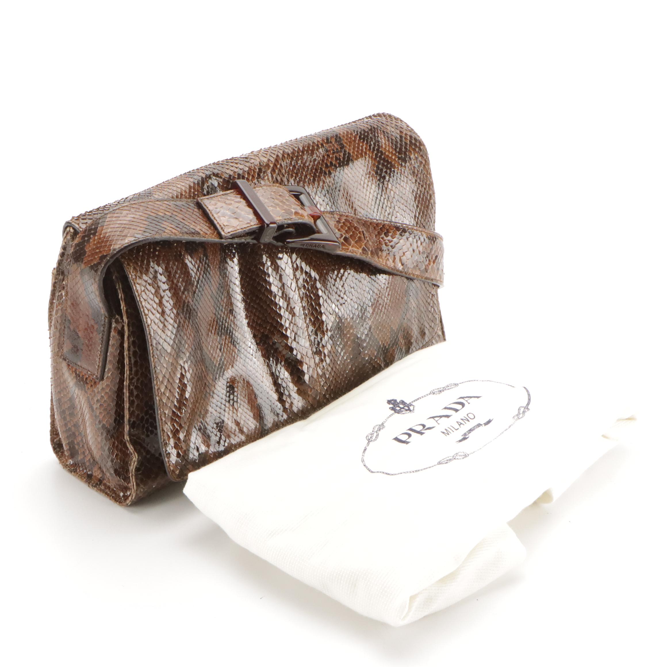 Prada Brown Snakeskin Leather Flap Shoulder Bag