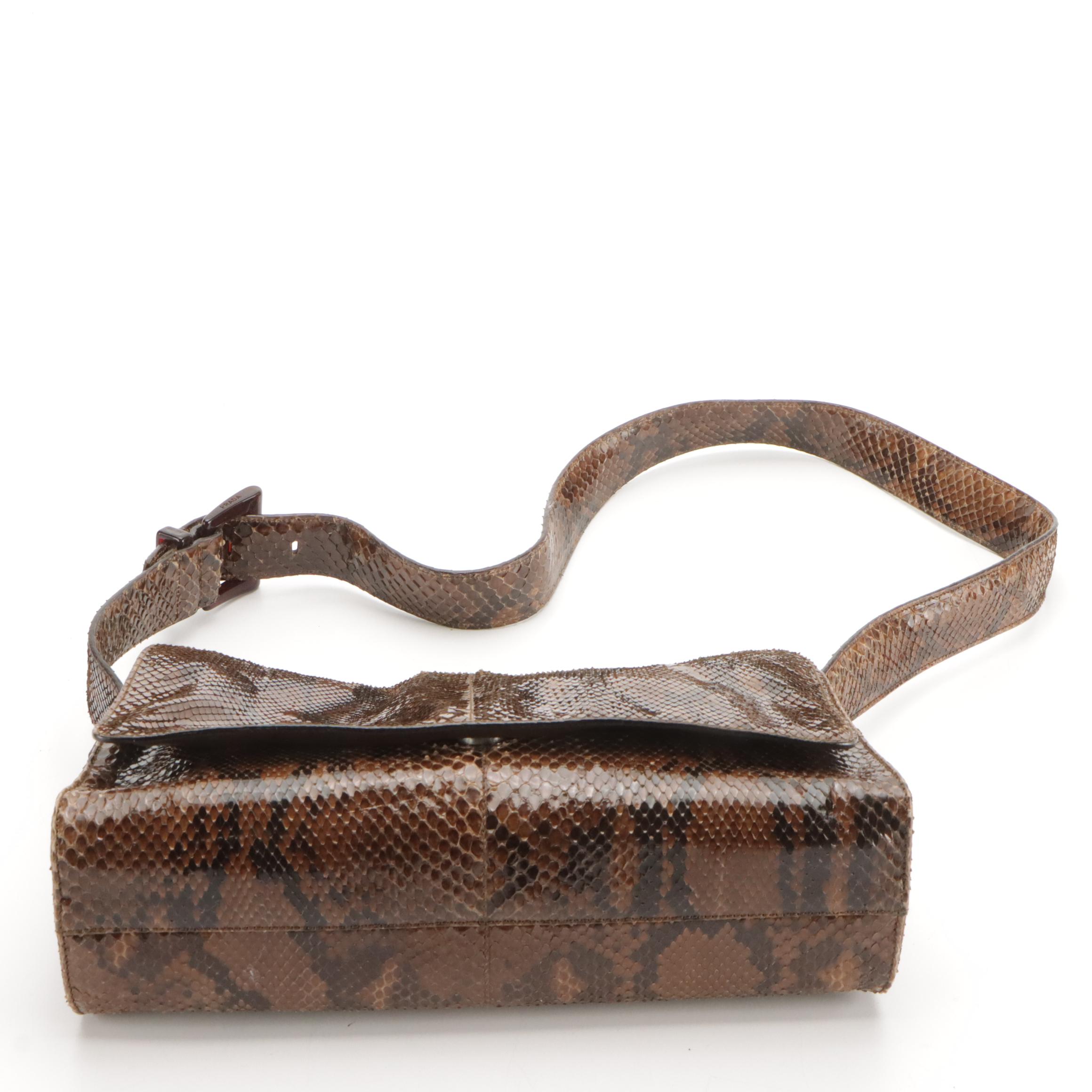 Prada Brown Snakeskin Leather Flap Shoulder Bag