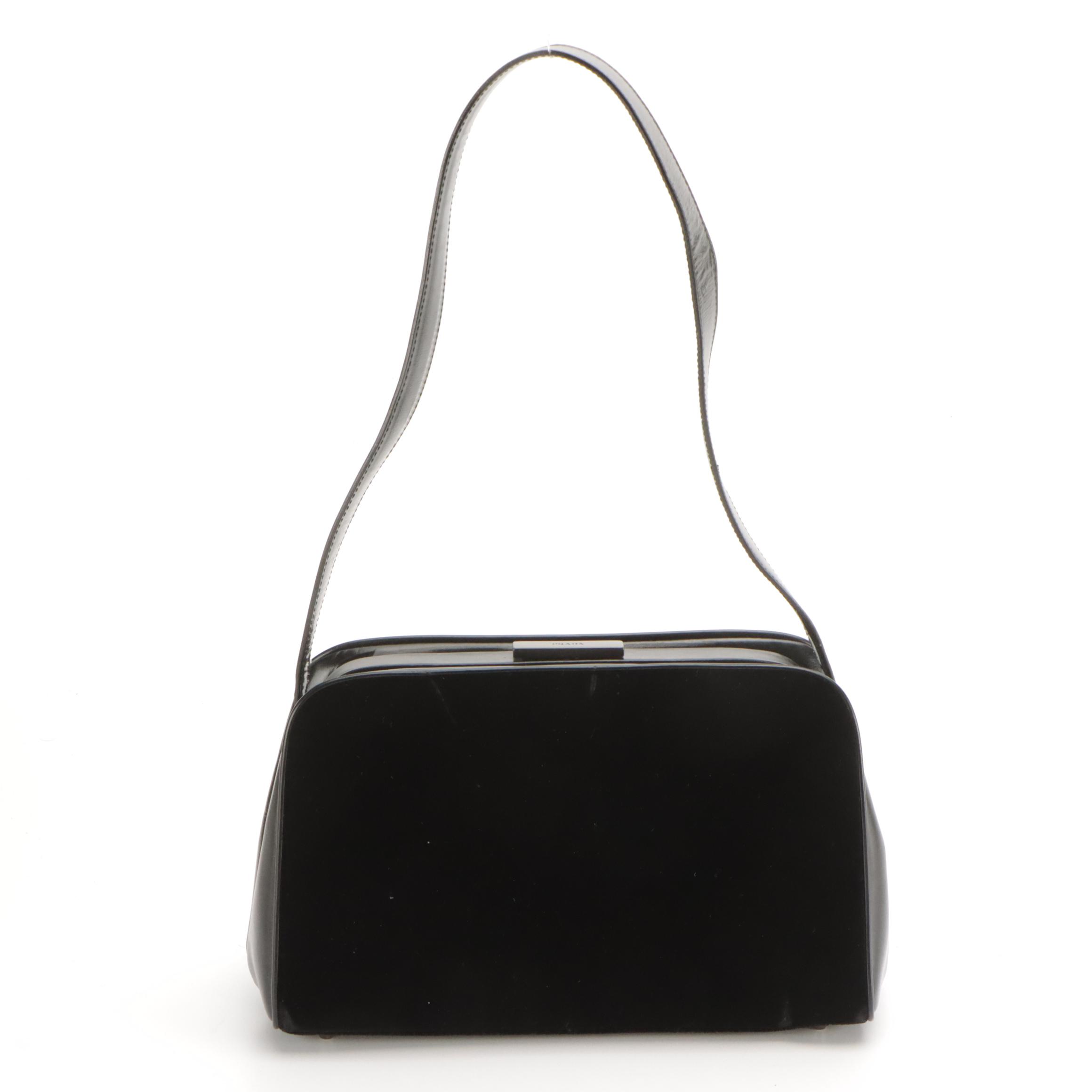 Prada Hinge Frame Doctor Shoulder Bag in Black Velvet and Leather, With Tag