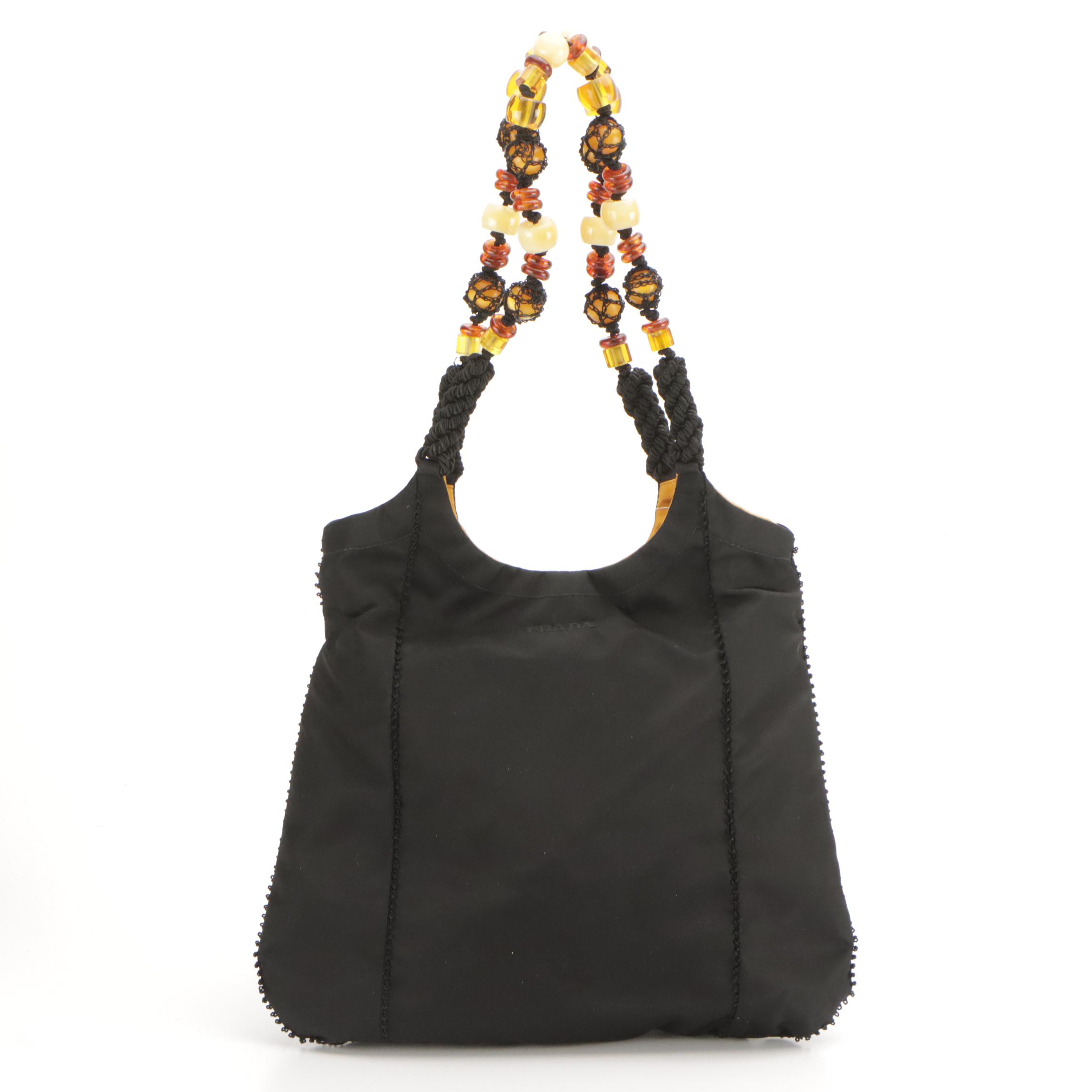 Prada Tote in Black Tessuto Nylon and Beaded Straps, With Tag