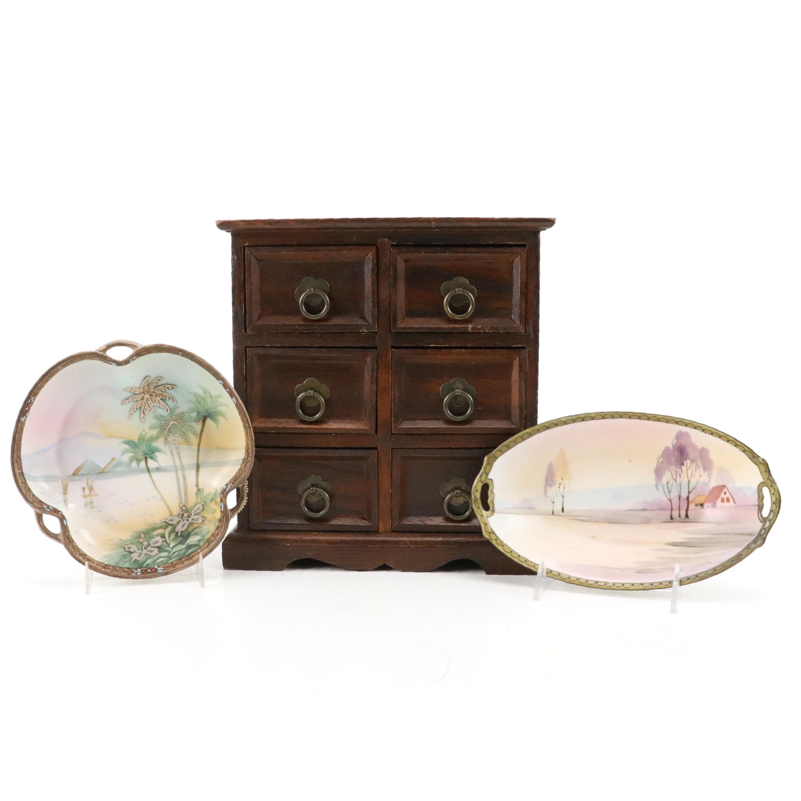 Japanese Hand-Painted Porcelain Bowls with Landscapes, and Apothecary Box