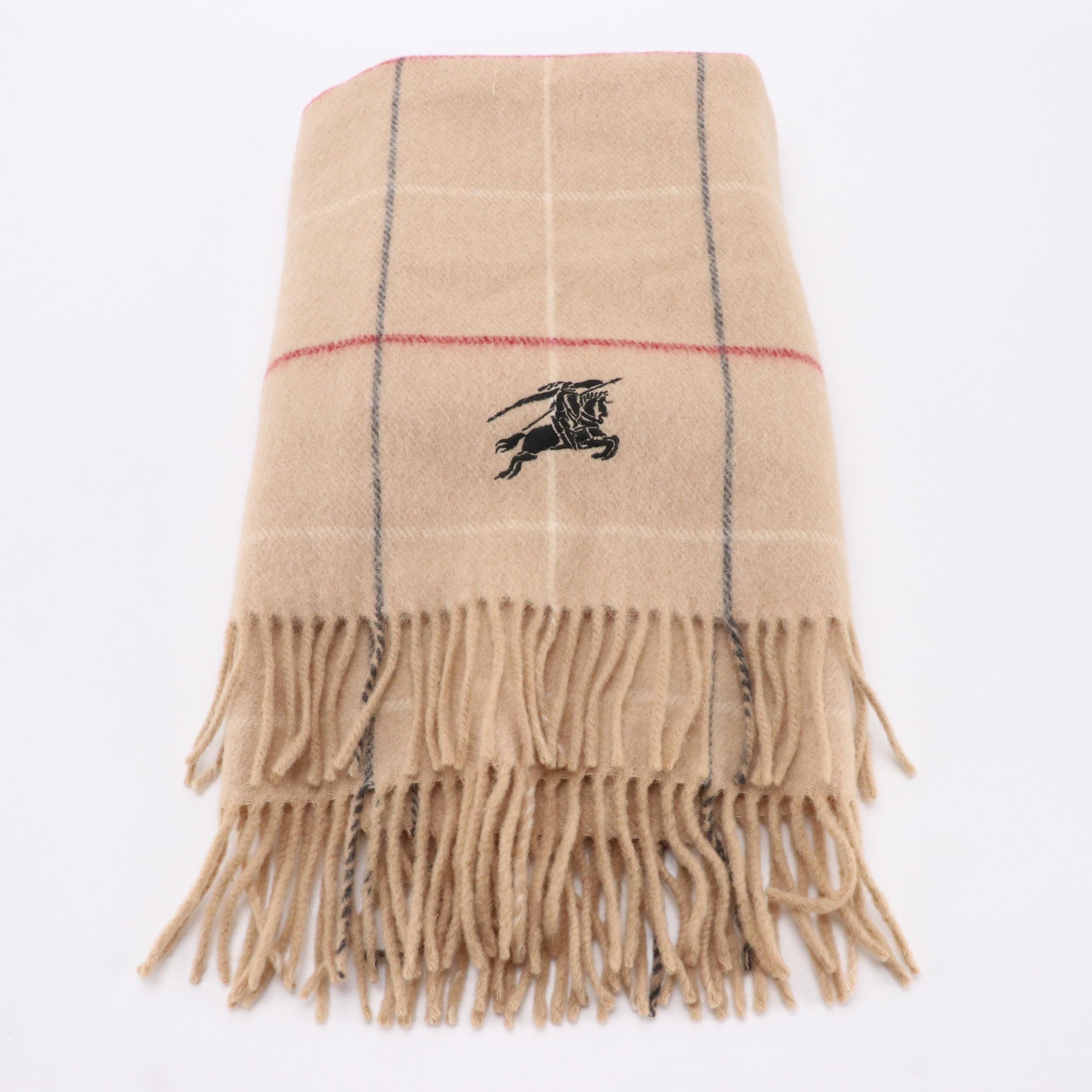 Burberry Beige Checked Wool Fringe Hem Scarf