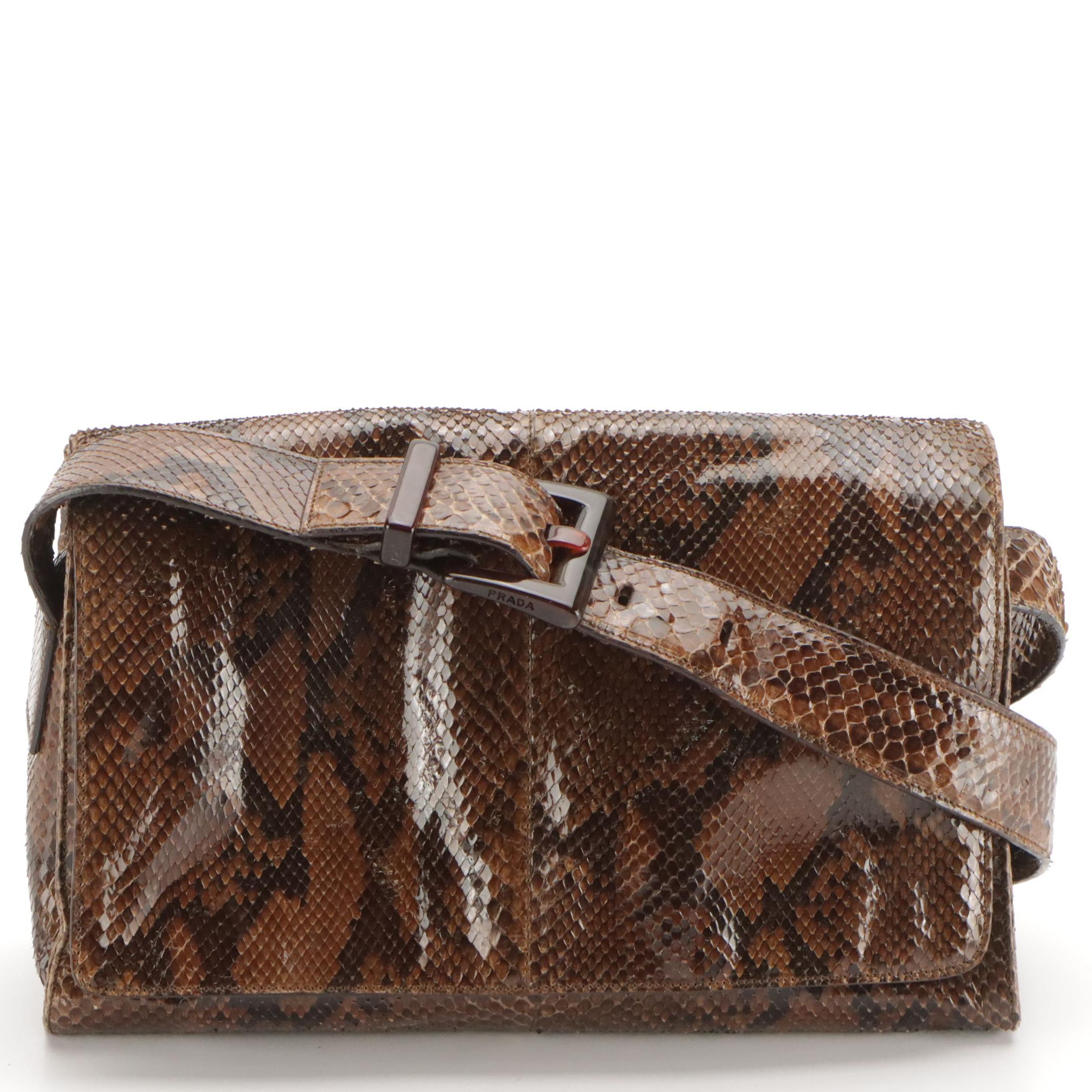 Prada Brown Snakeskin Leather Flap Shoulder Bag