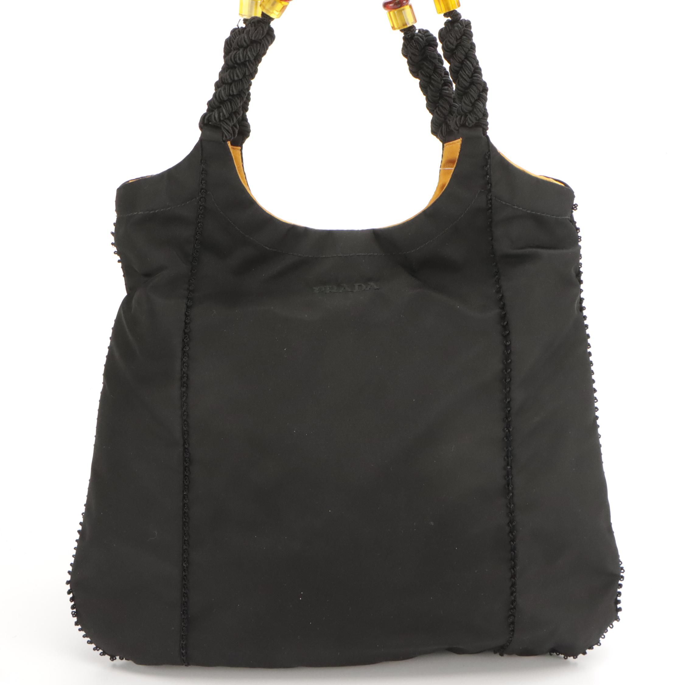 Prada Tote in Black Tessuto Nylon and Beaded Straps, With Tag