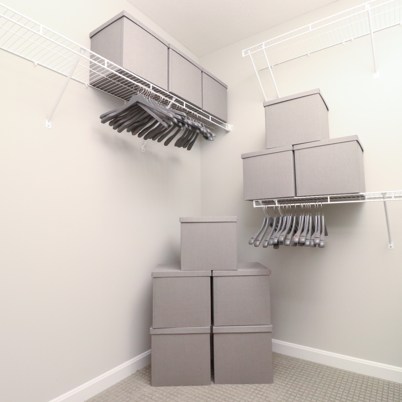 Textured Closet Storage Boxes and Wood Hangers