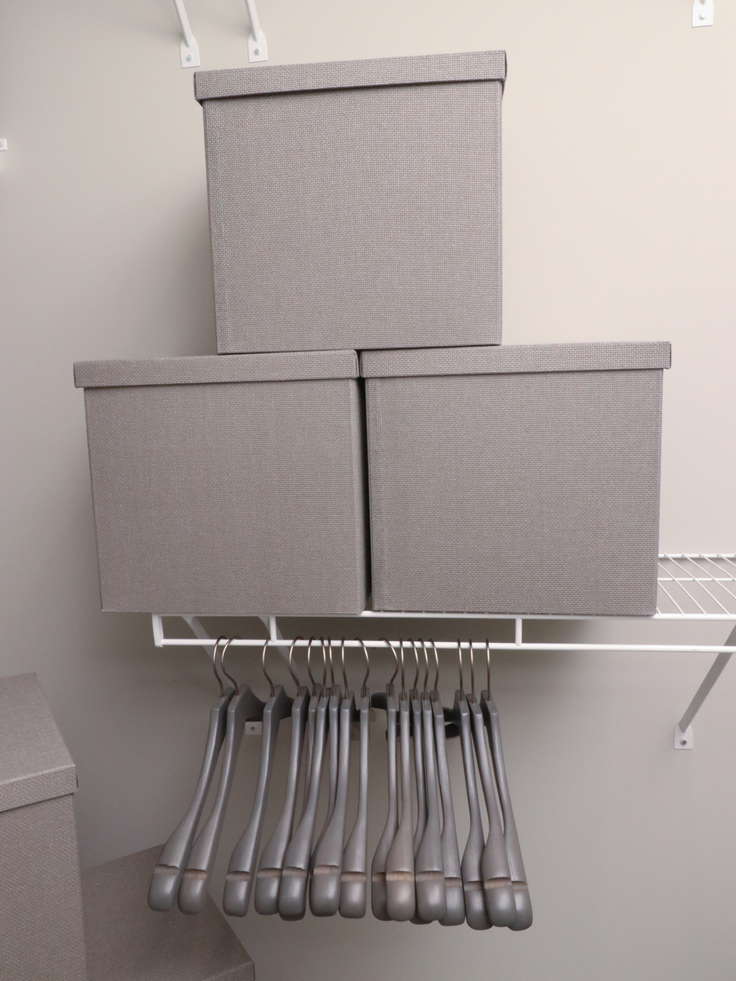 Textured Closet Storage Boxes and Wood Hangers