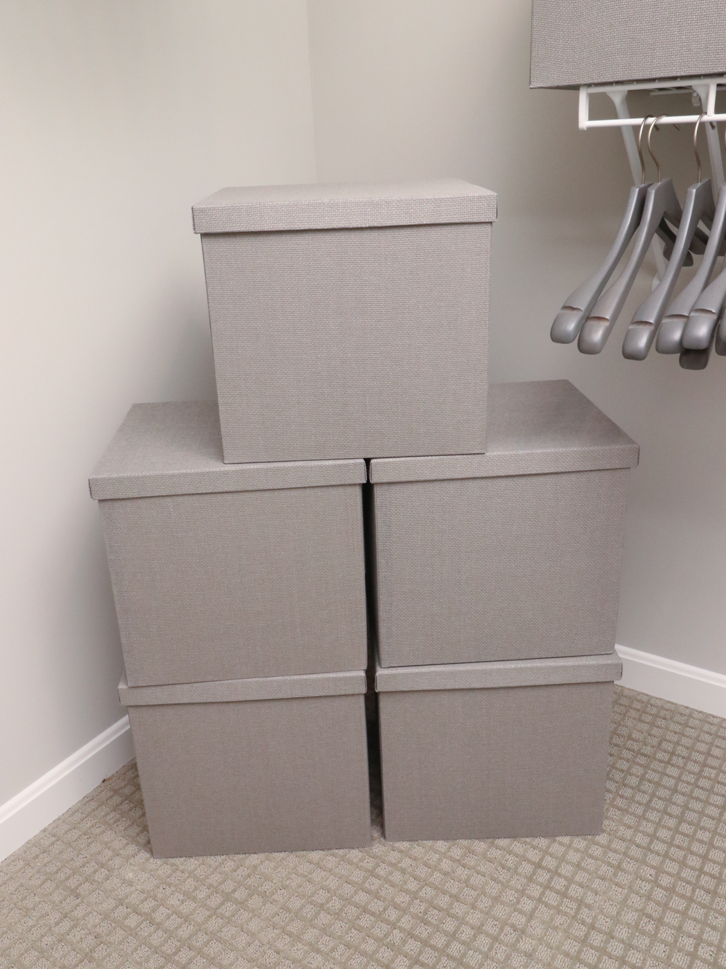 Textured Closet Storage Boxes and Wood Hangers