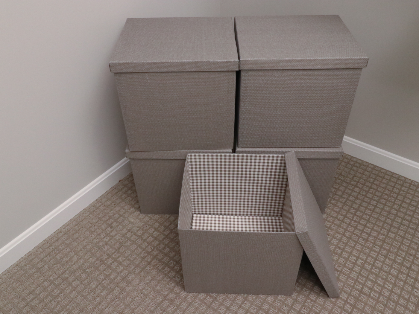 Textured Closet Storage Boxes and Wood Hangers