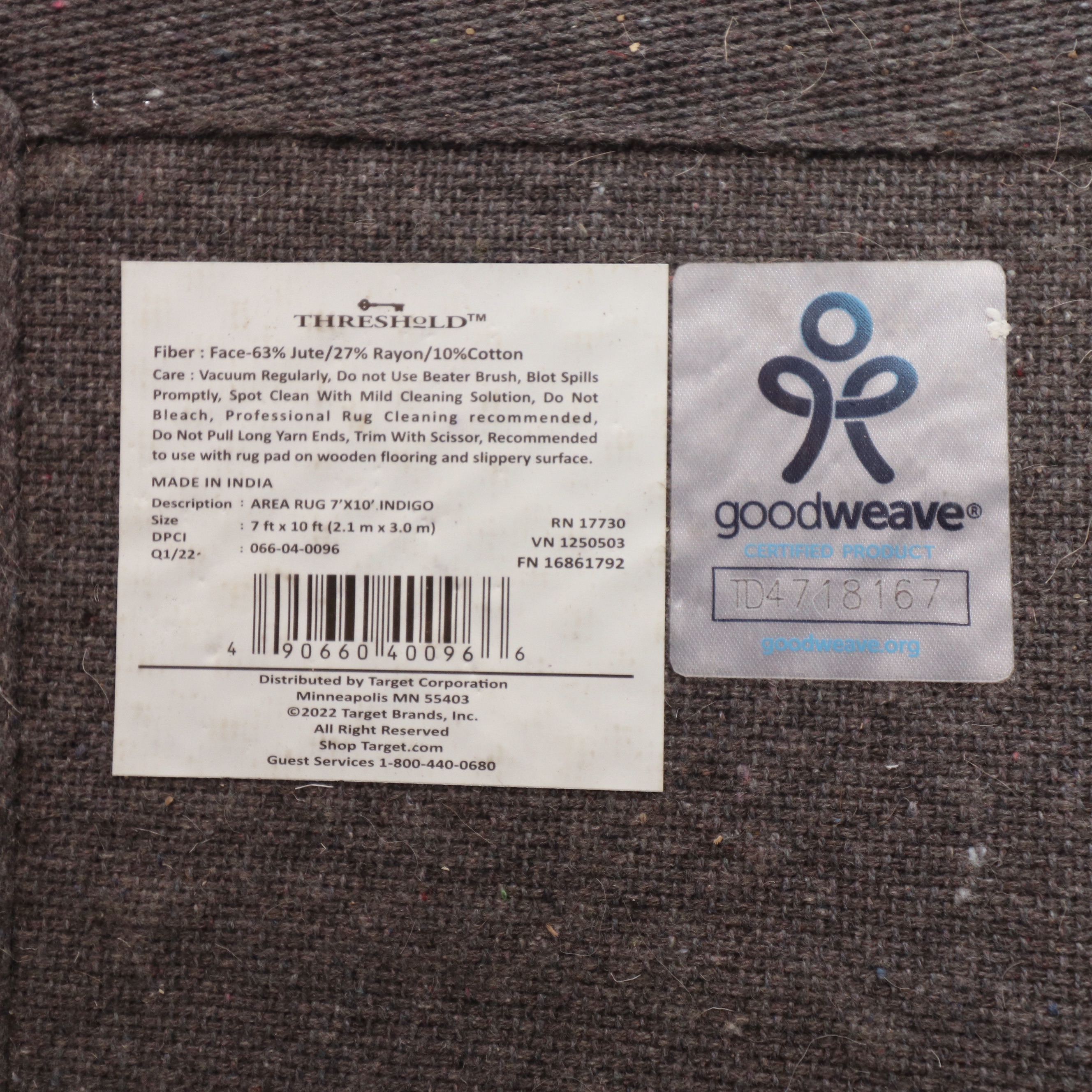 7' x 10' Machine Made Threshold "Indigo" Jute, Rayon and Cotton Rug