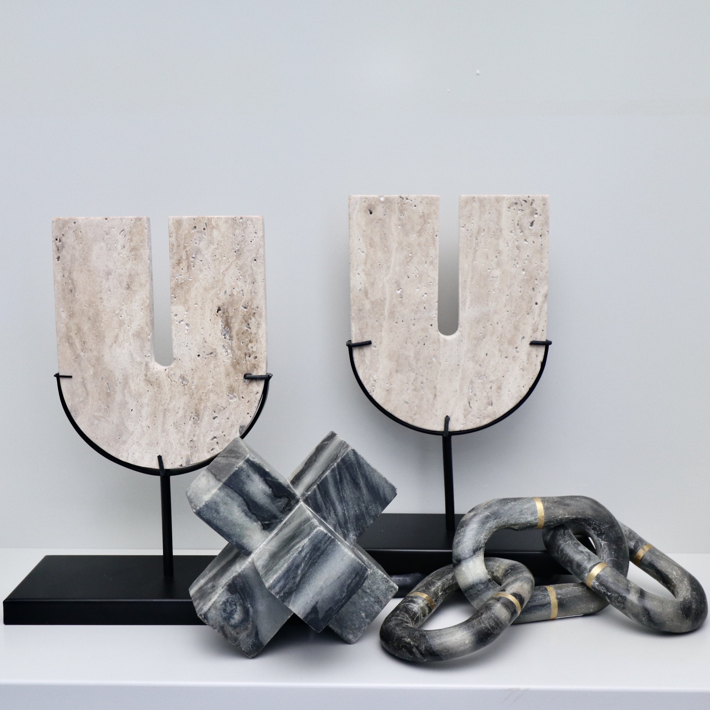 Crate & Barrel "Destan" Travertine Sculptures, Other Marble Chain and Jack