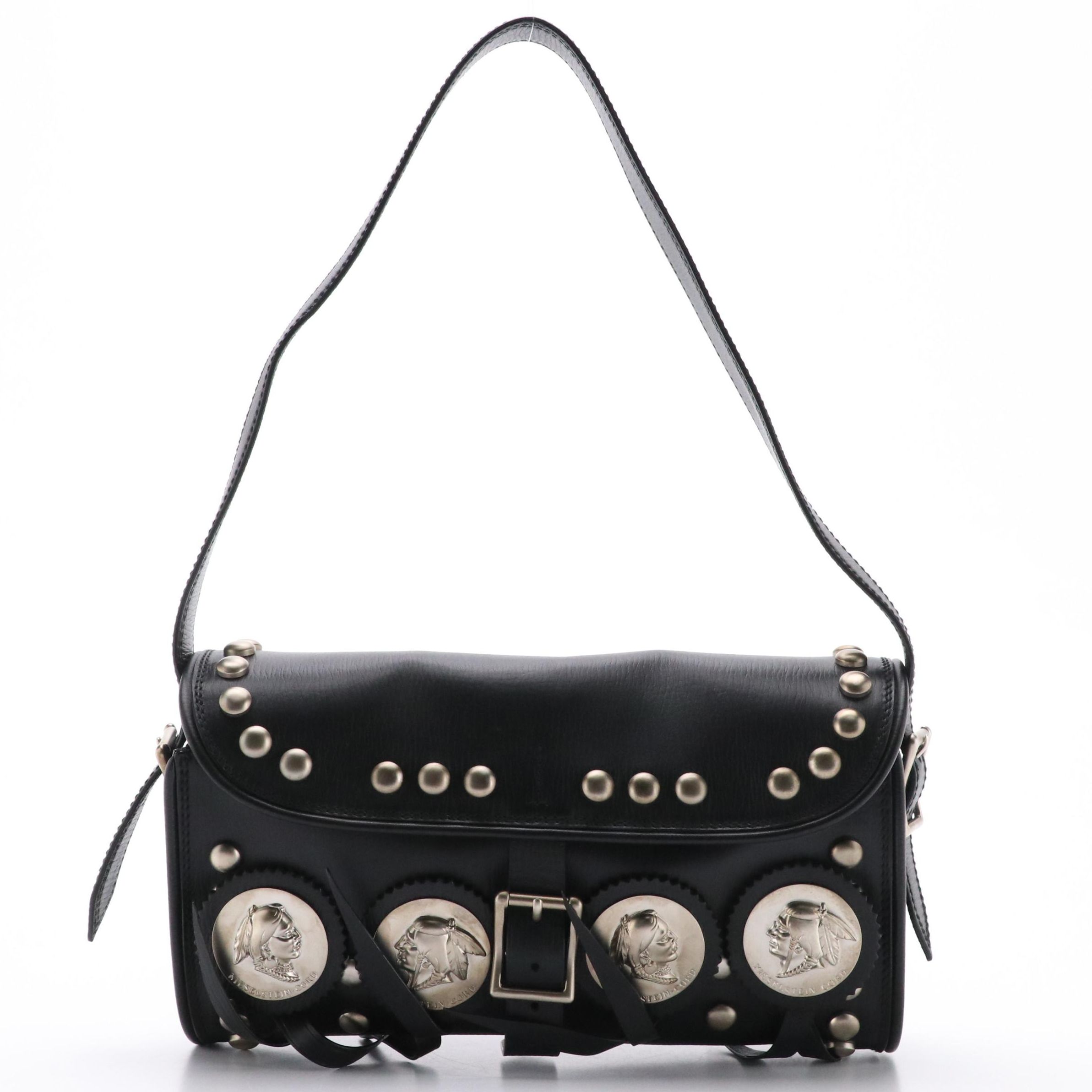 Barry Kieselstein-Cord Silver Twin Coin Messenger Bag in Black Leather, With Tag