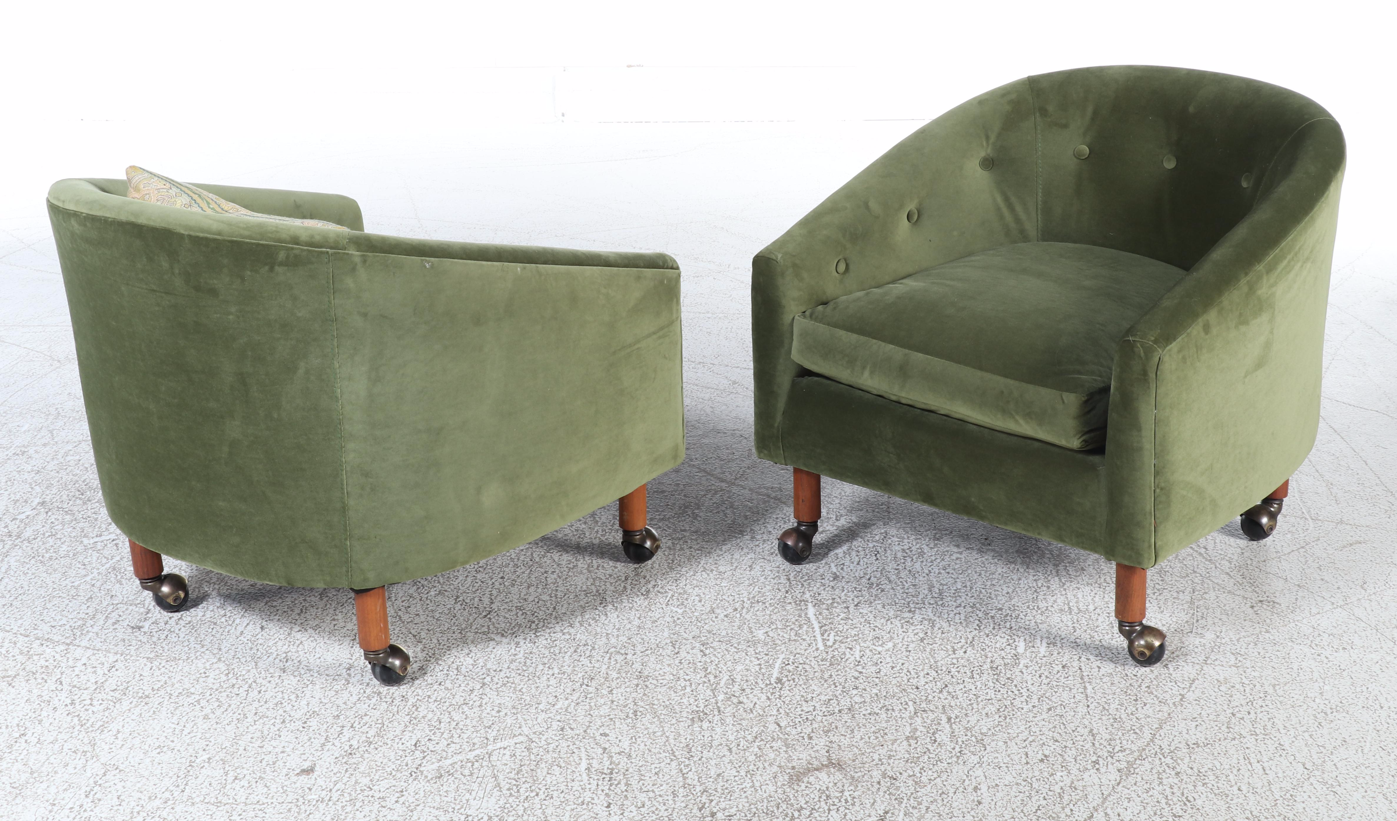 Pair of Mid Century Modern Button-Tufted Barrel-Back Club Chairs