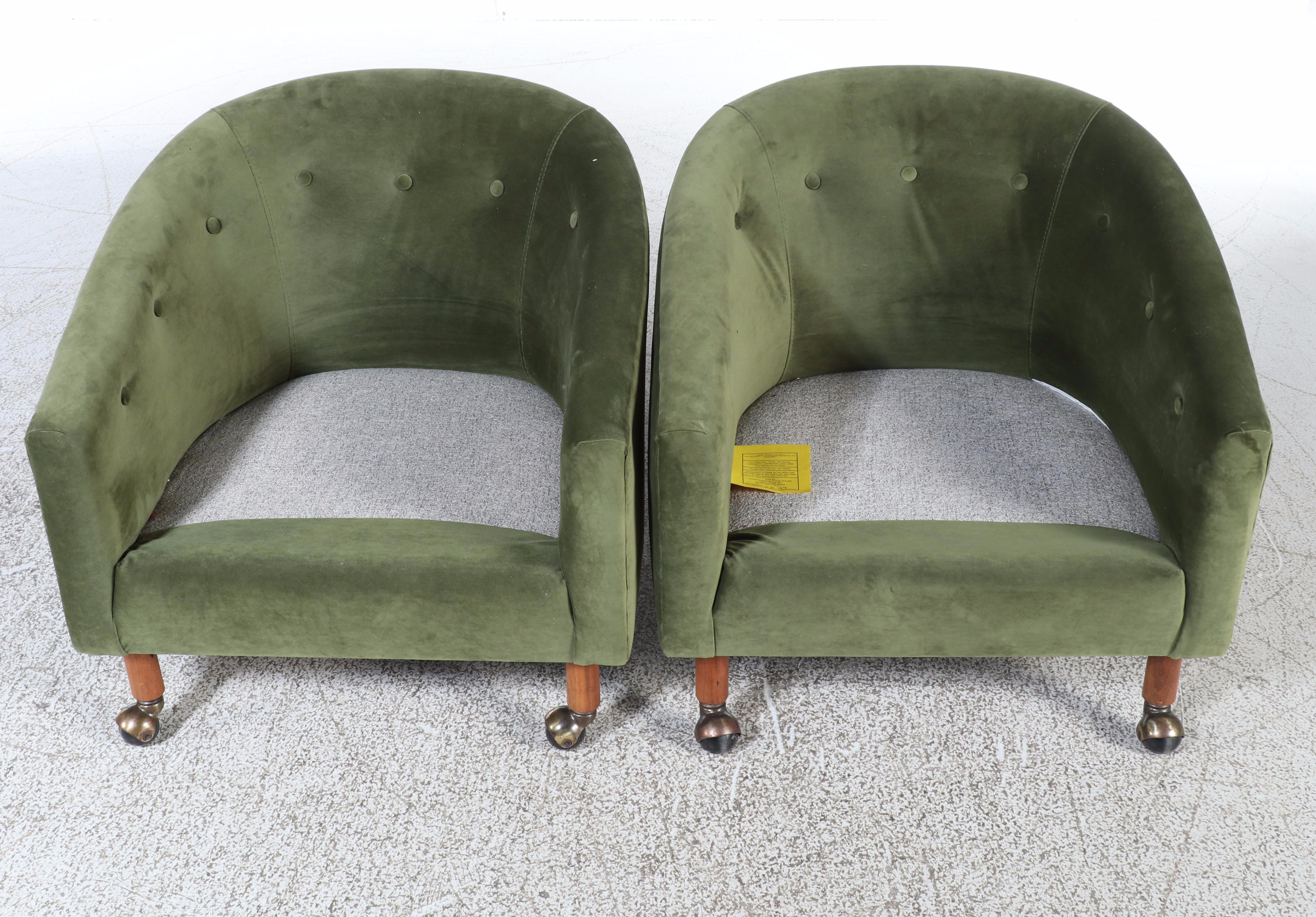 Pair of Mid Century Modern Button-Tufted Barrel-Back Club Chairs