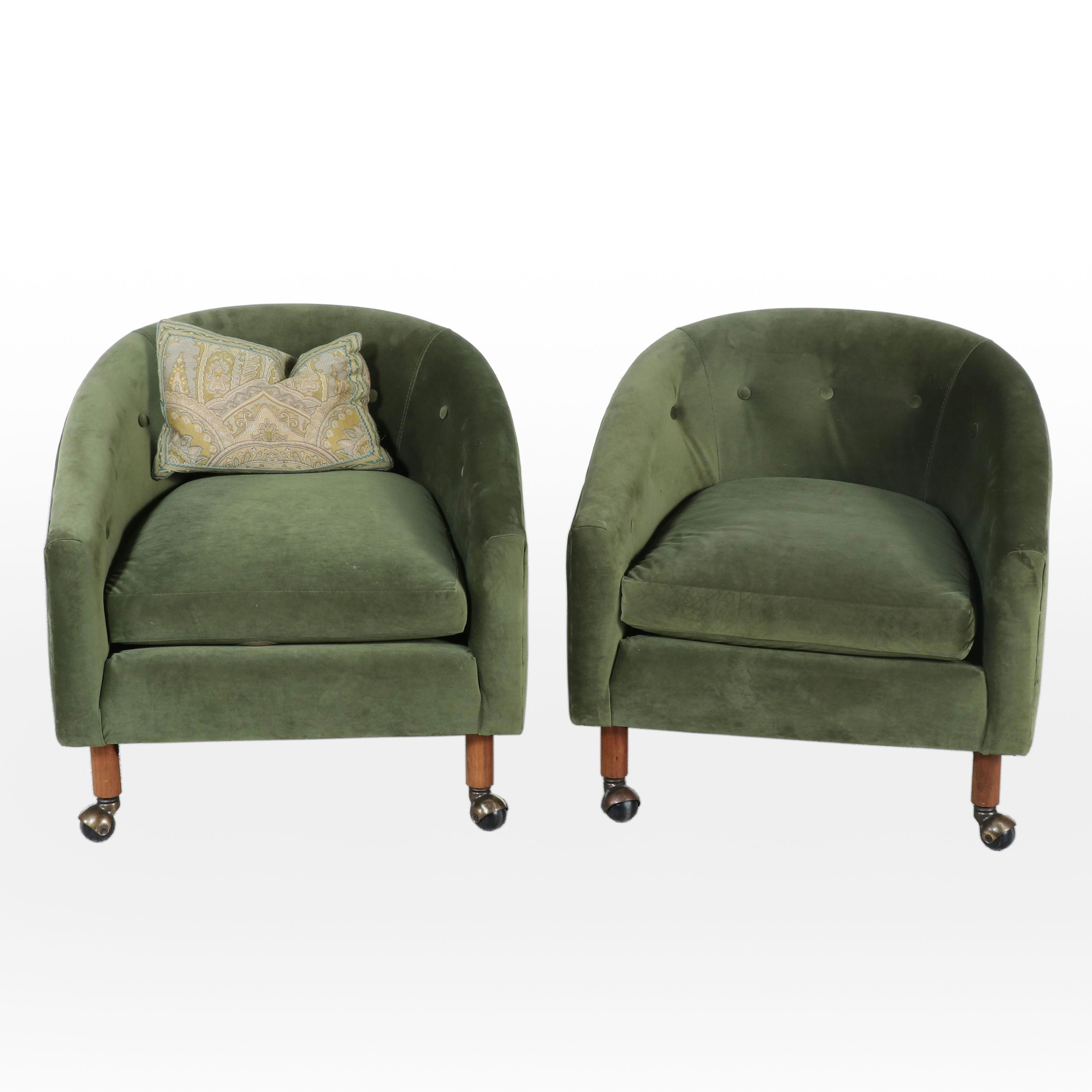 Pair of Mid Century Modern Button-Tufted Barrel-Back Club Chairs