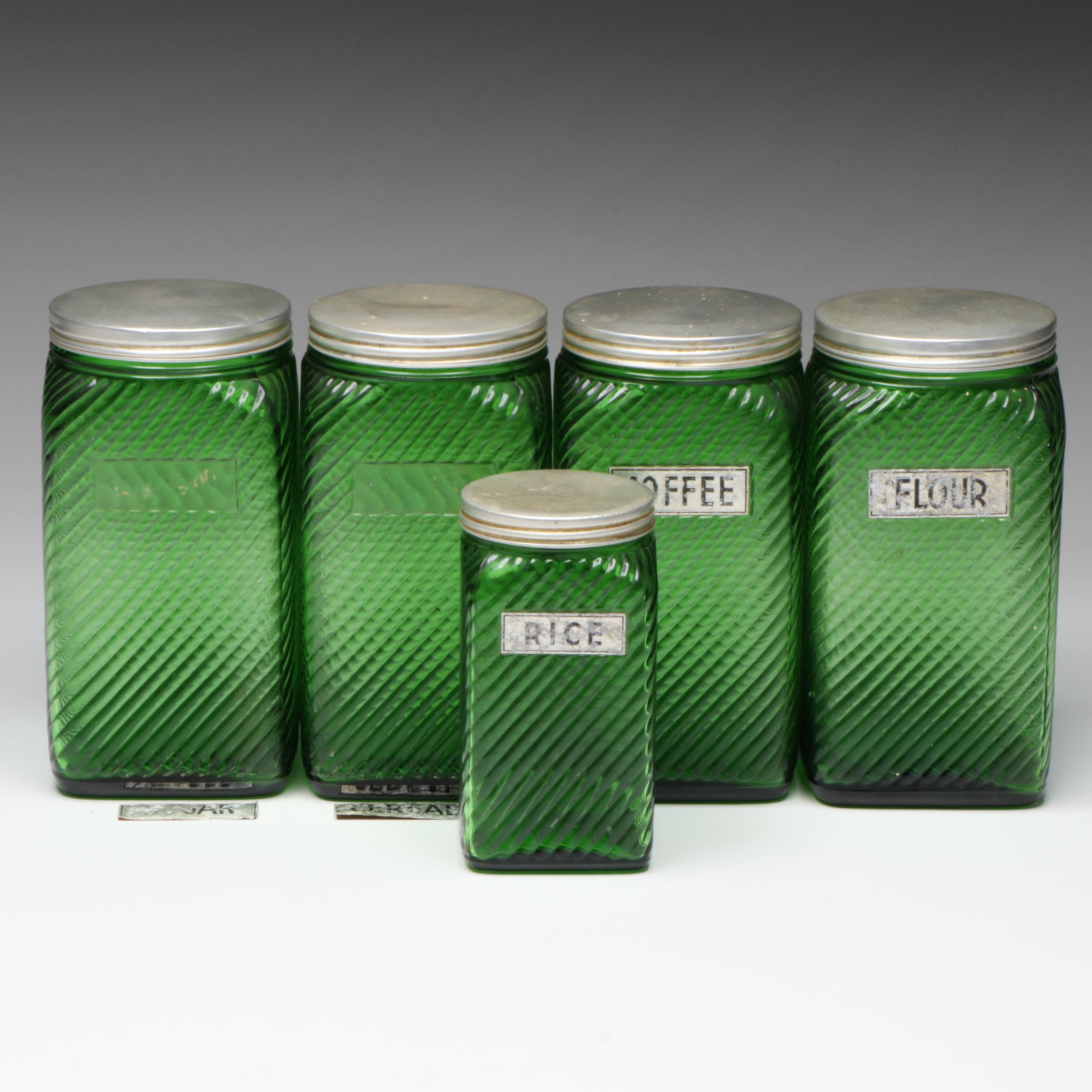 Owens-Illinois Green Ribbed Glass Canisters, Mid-20th Century