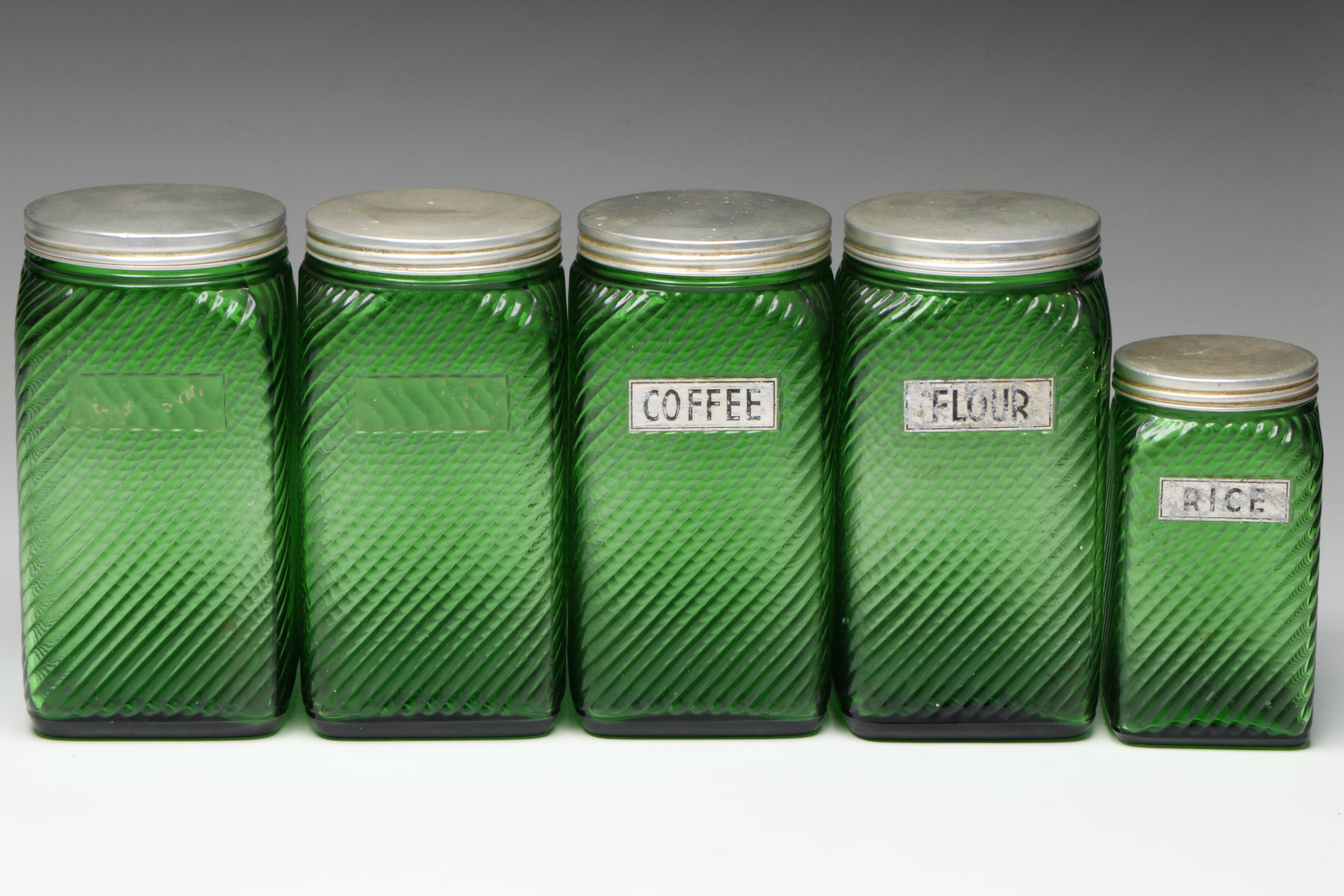 Owens-Illinois Green Ribbed Glass Canisters, Mid-20th Century