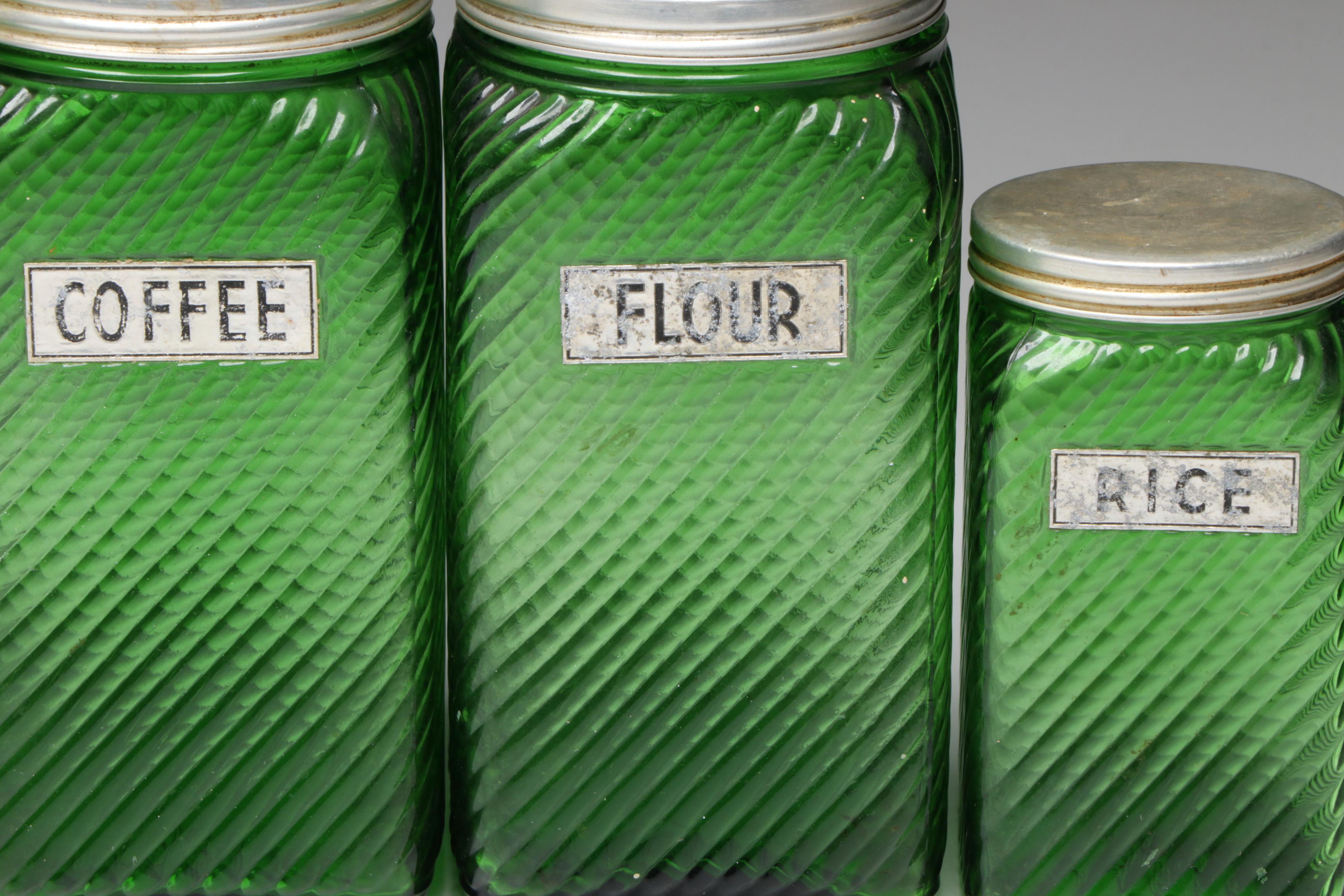 Owens-Illinois Green Ribbed Glass Canisters, Mid-20th Century
