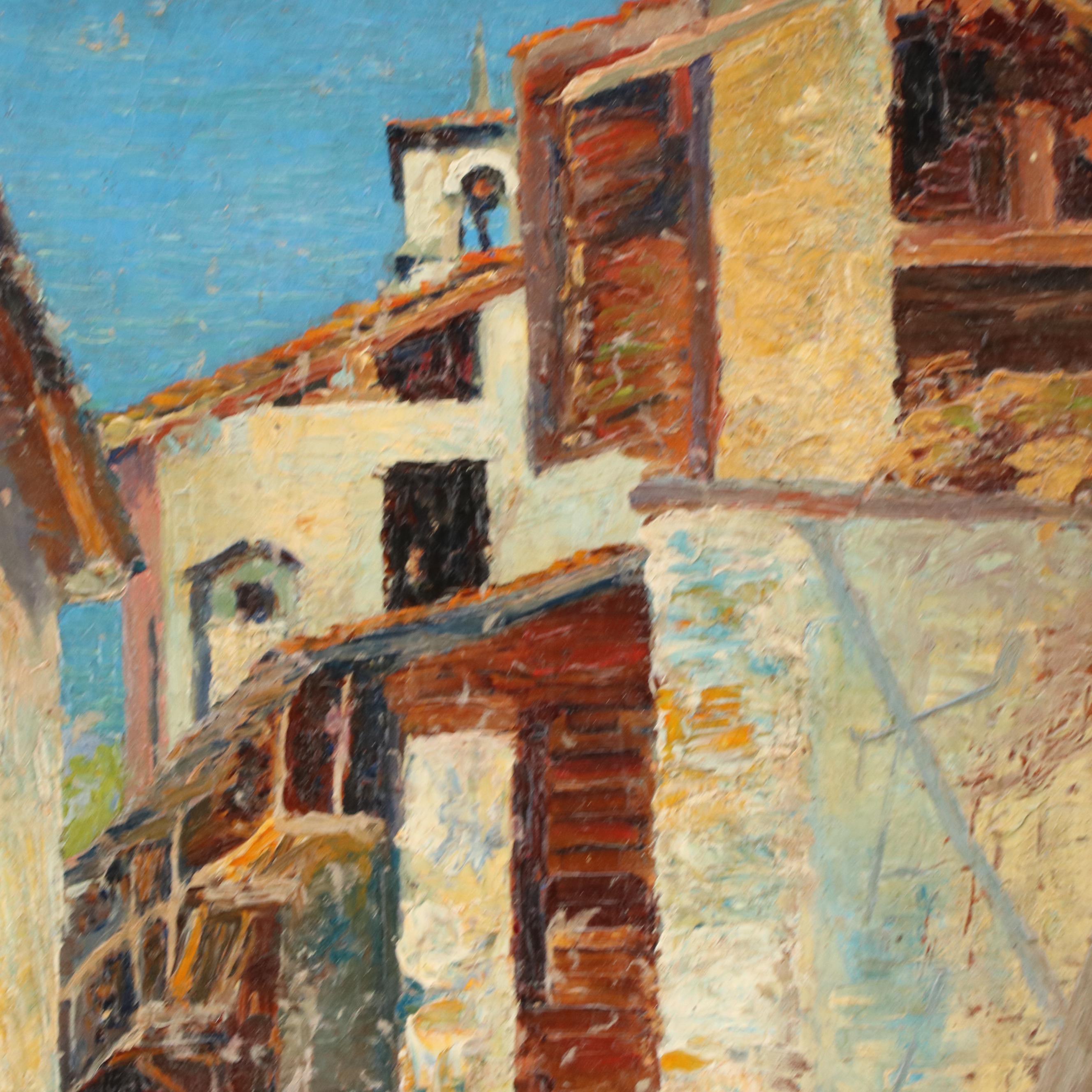 Cityscape with Bell Tower Oil Painting of Alley Scene