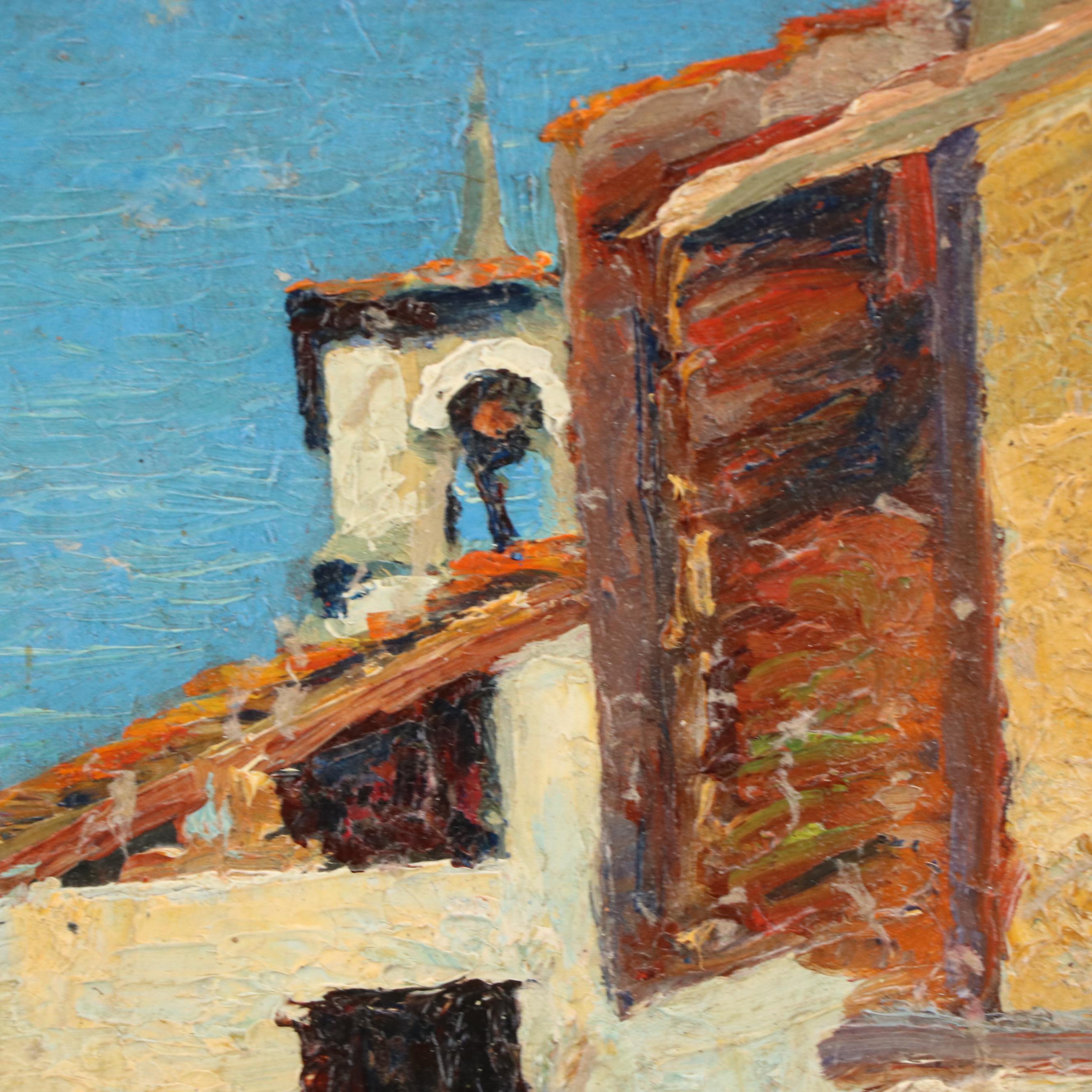 Cityscape with Bell Tower Oil Painting of Alley Scene