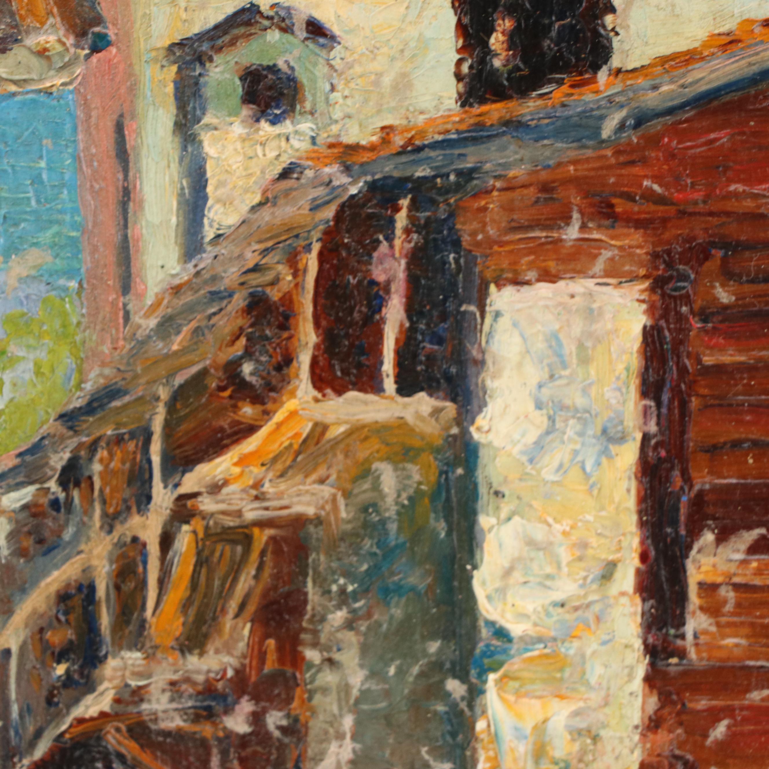 Cityscape with Bell Tower Oil Painting of Alley Scene