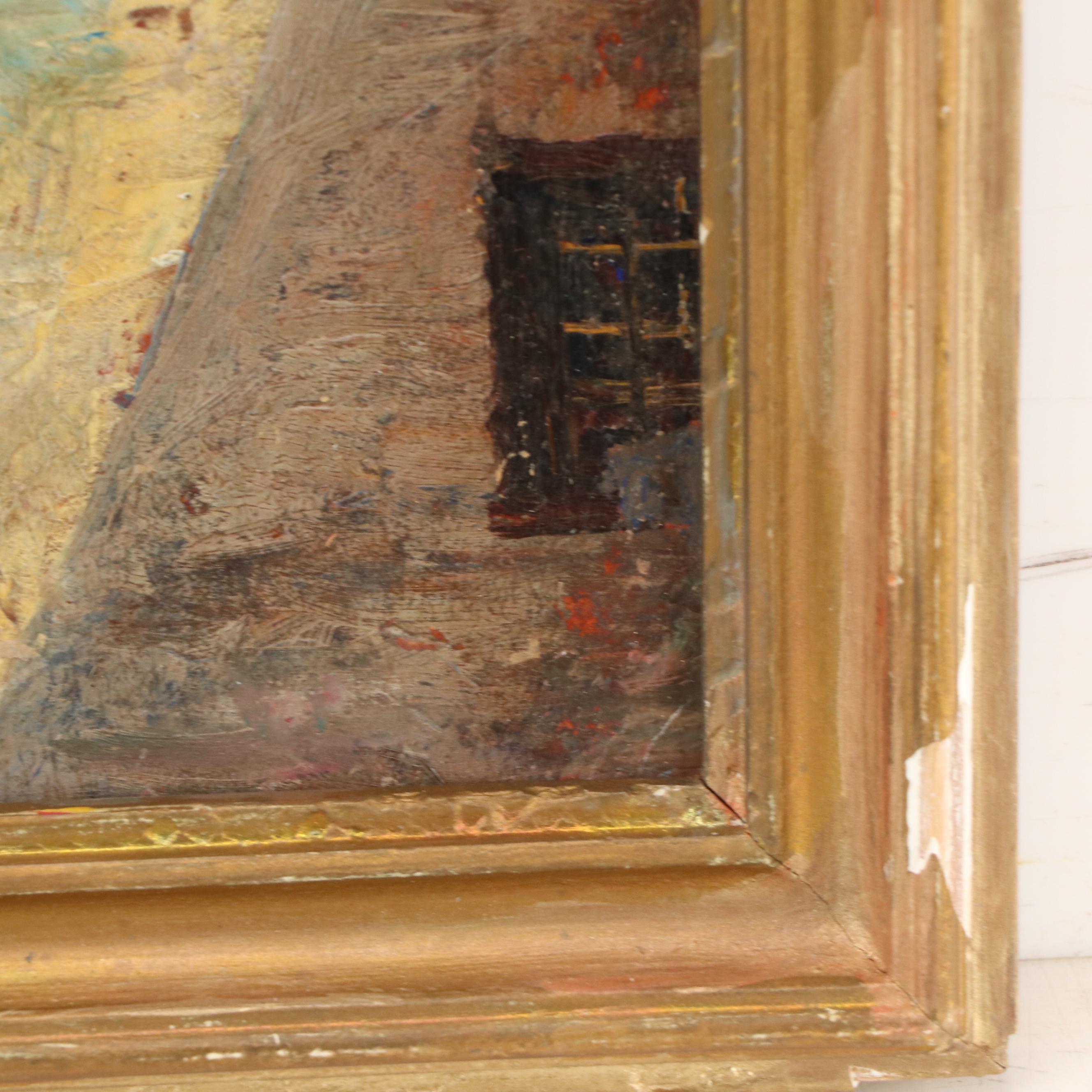 Cityscape with Bell Tower Oil Painting of Alley Scene