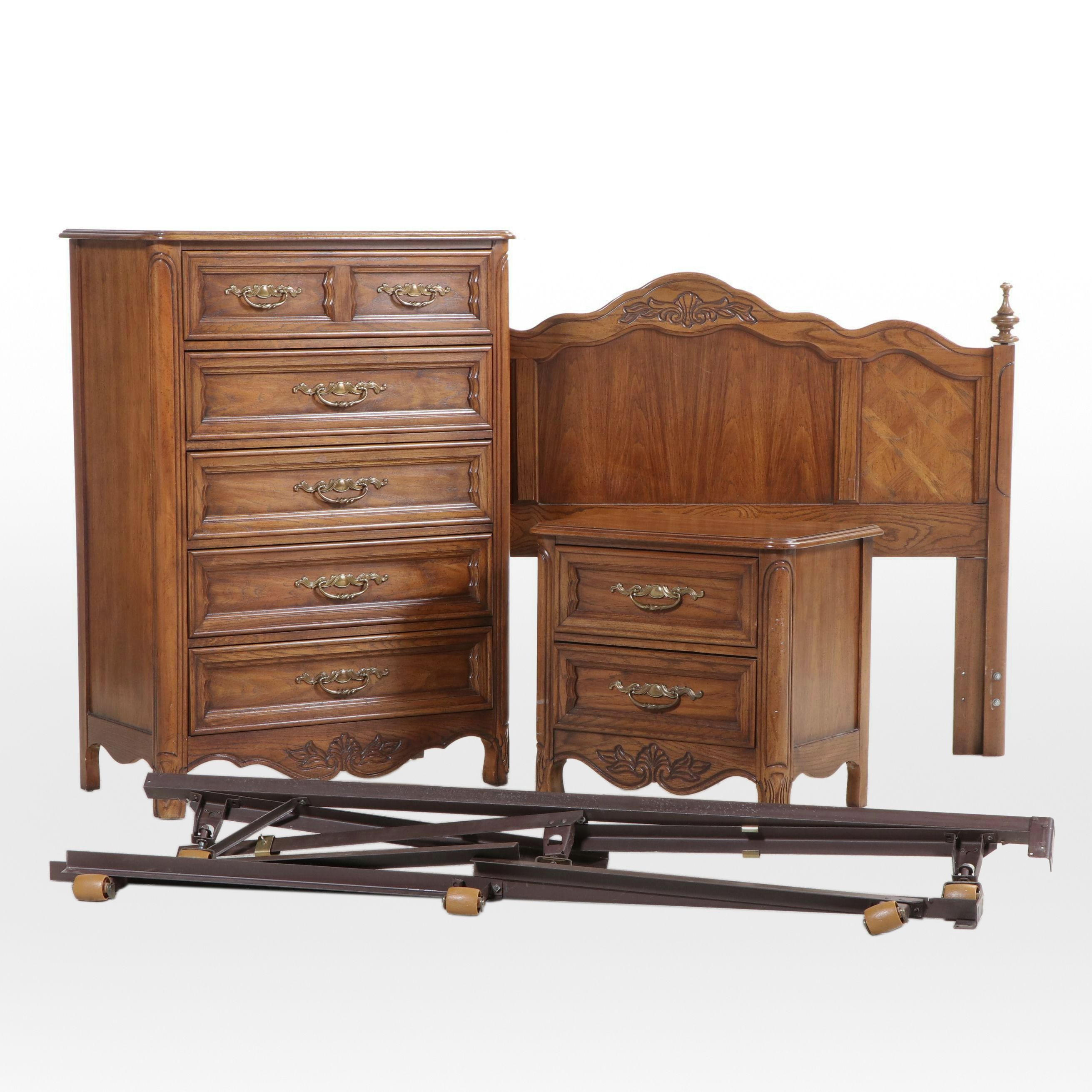 Dixie French Provincial Style Headboard, Nightstand, and Chest of Drawers
