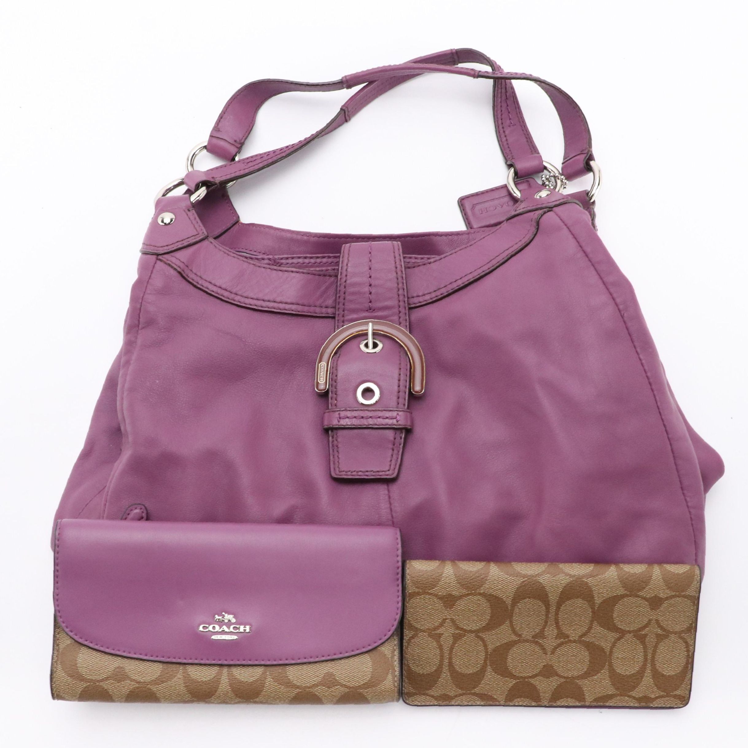 Coach Purple Leather Madison Lynn Hobo Bag, Trifold Wallet and Checkbook Cover