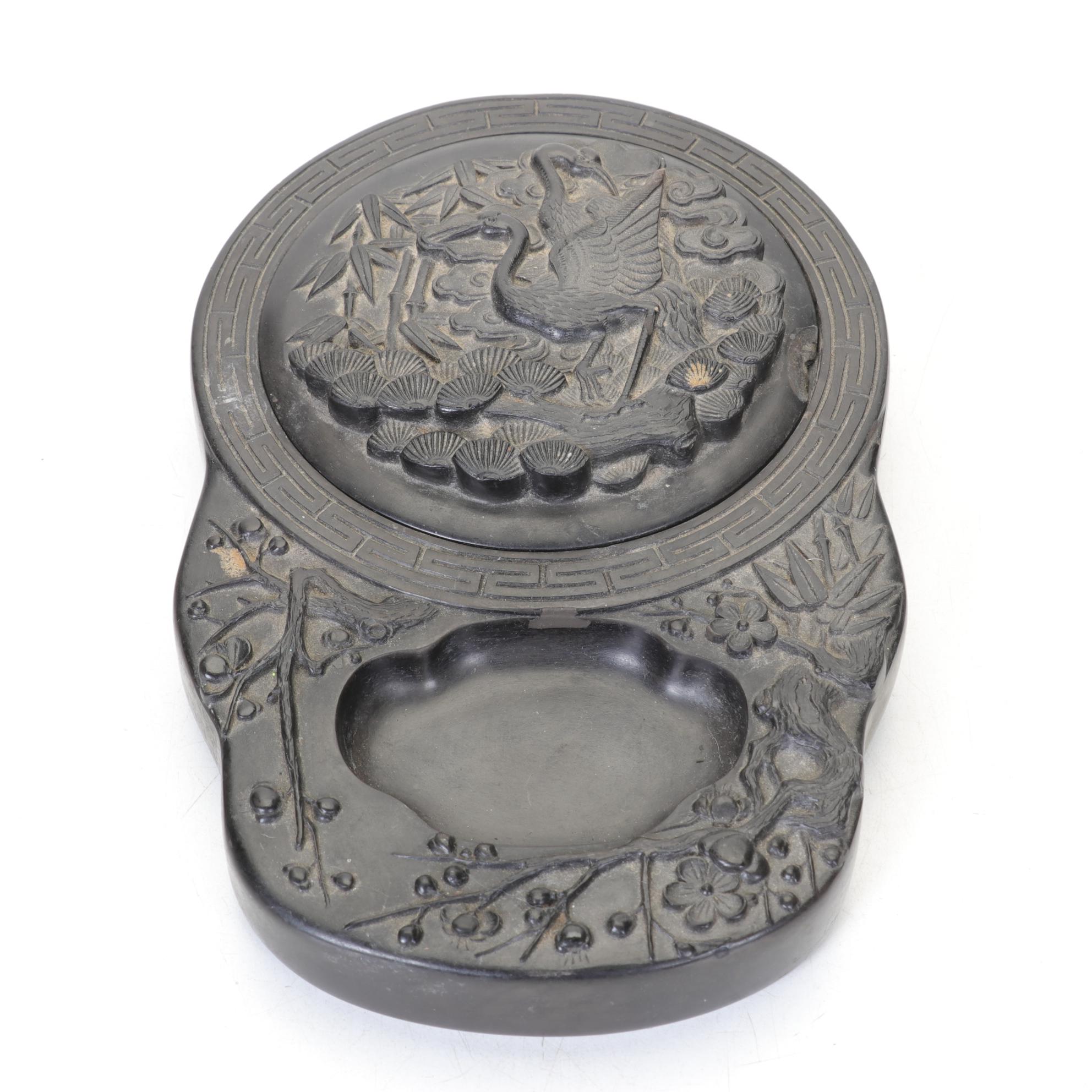 Chinese Hand-Carved Crane with Bamboo Lidded Calligraphy Inkstone