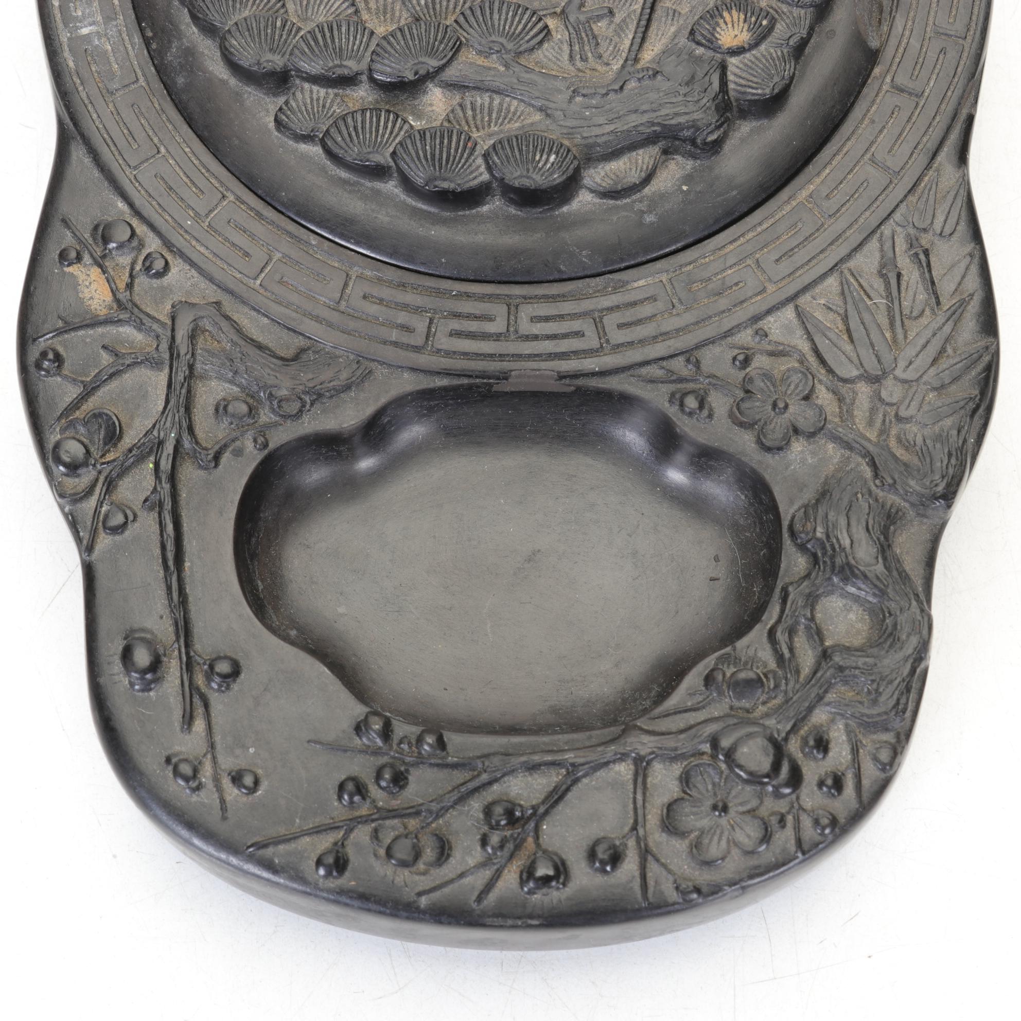 Chinese Hand-Carved Crane with Bamboo Lidded Calligraphy Inkstone