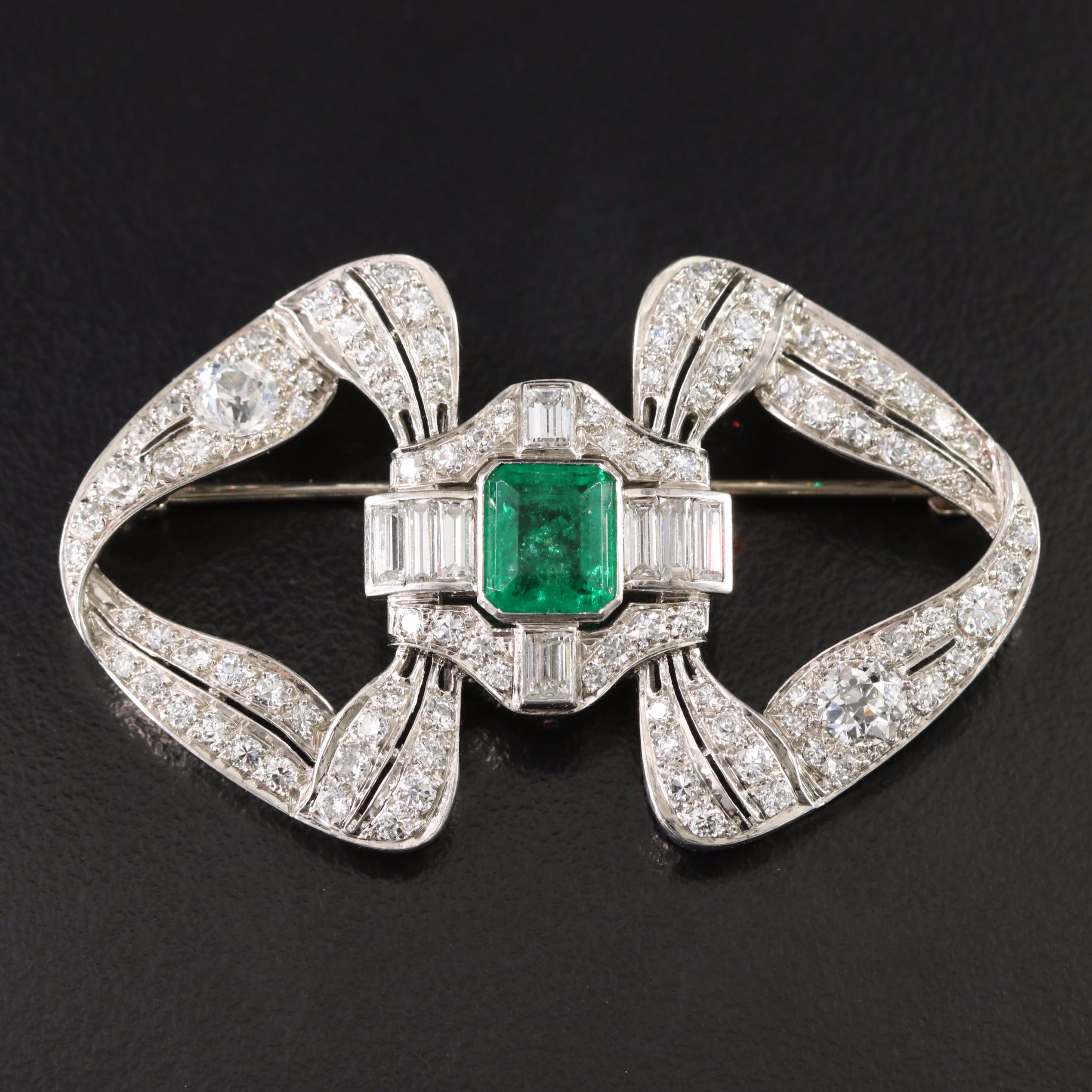 Edwardian 1.71 CT Emerald and 3.60 CTW Diamond Platinum Bow Brooch
