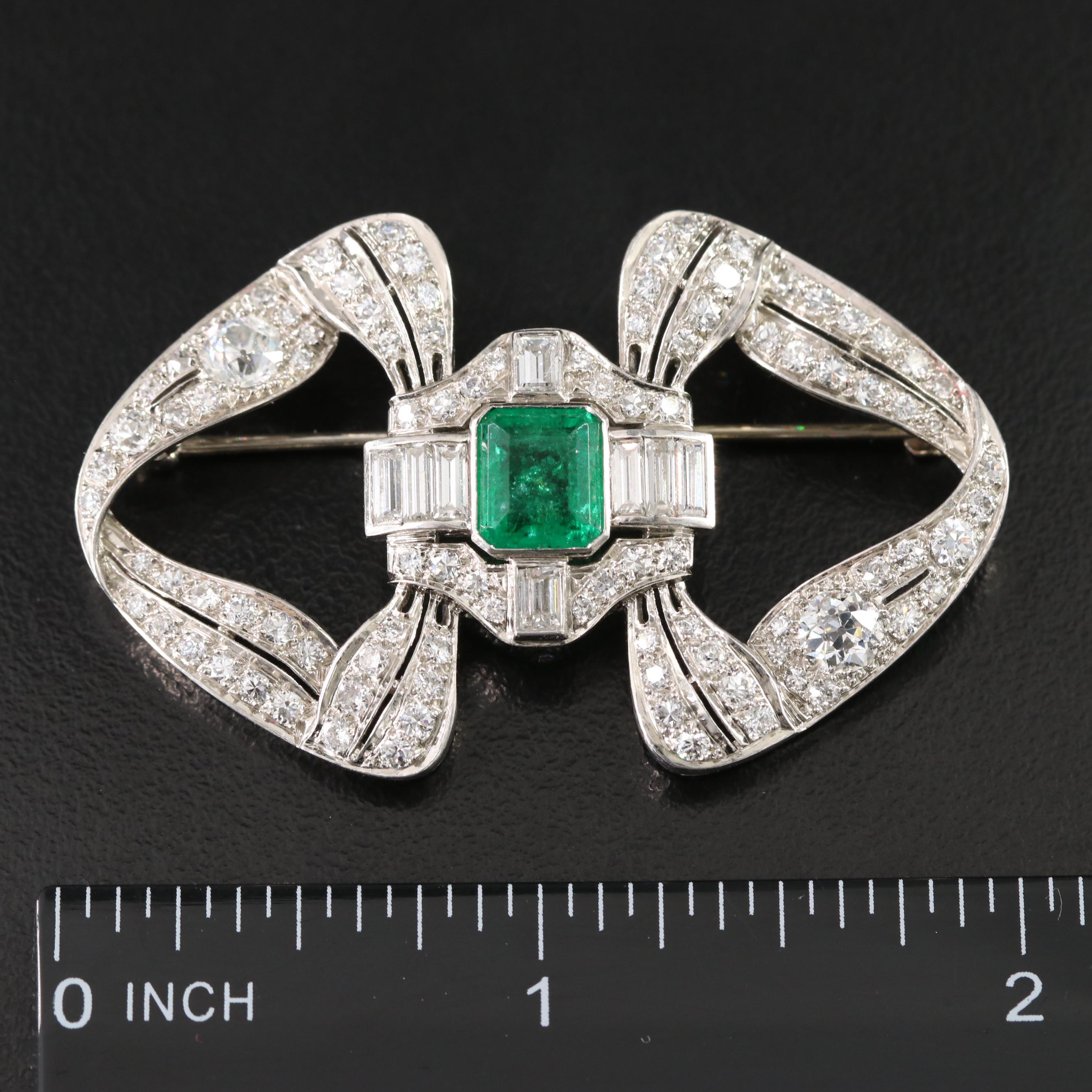 Edwardian 1.71 CT Emerald and 3.60 CTW Diamond Platinum Bow Brooch