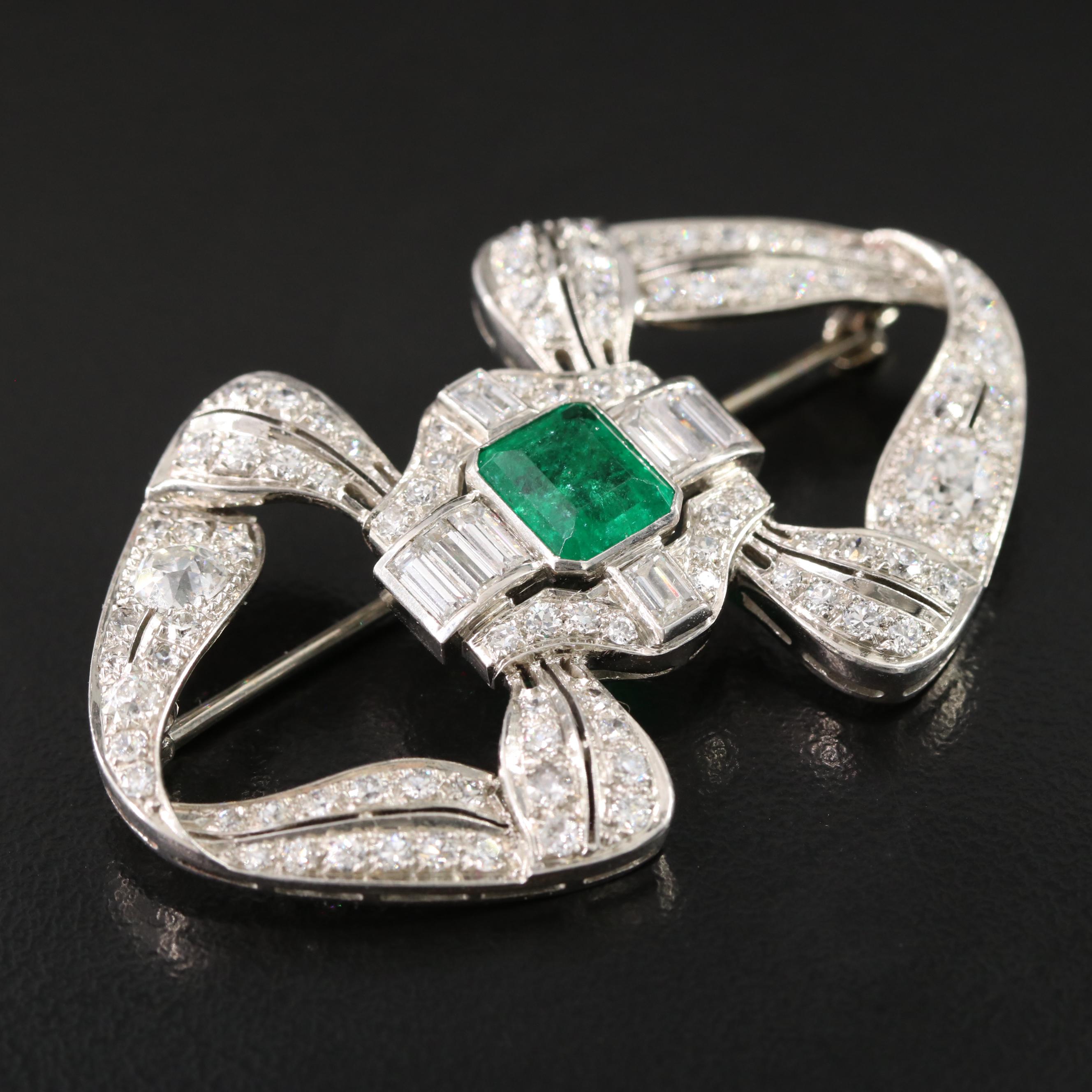 Edwardian 1.71 CT Emerald and 3.60 CTW Diamond Platinum Bow Brooch