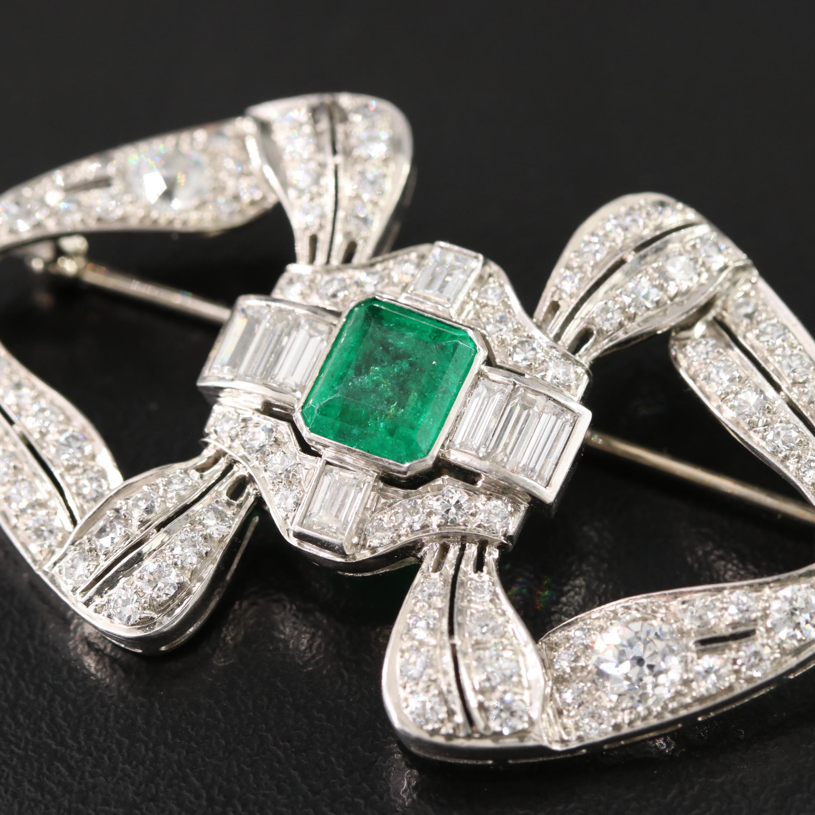 Edwardian 1.71 CT Emerald and 3.60 CTW Diamond Platinum Bow Brooch