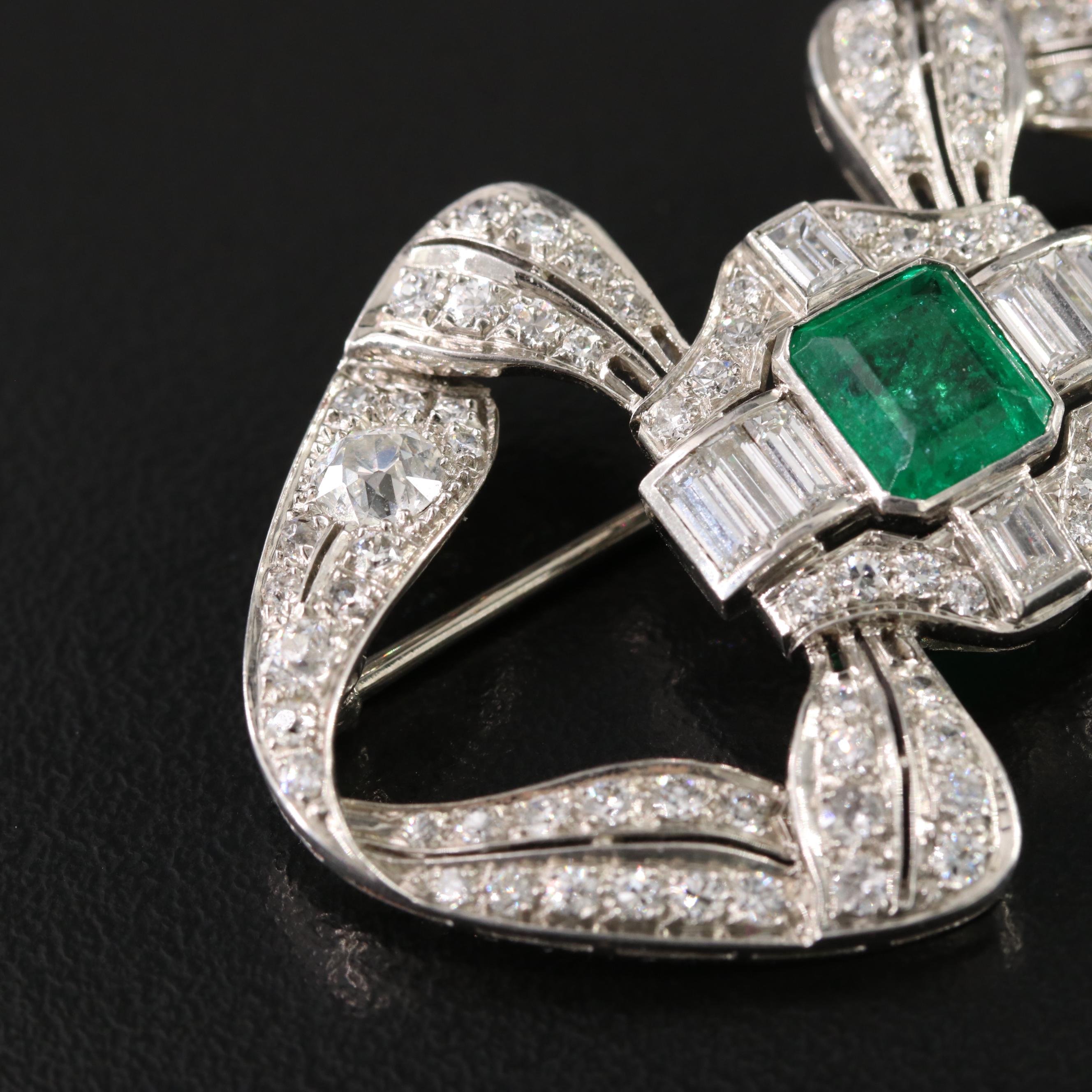 Edwardian 1.71 CT Emerald and 3.60 CTW Diamond Platinum Bow Brooch