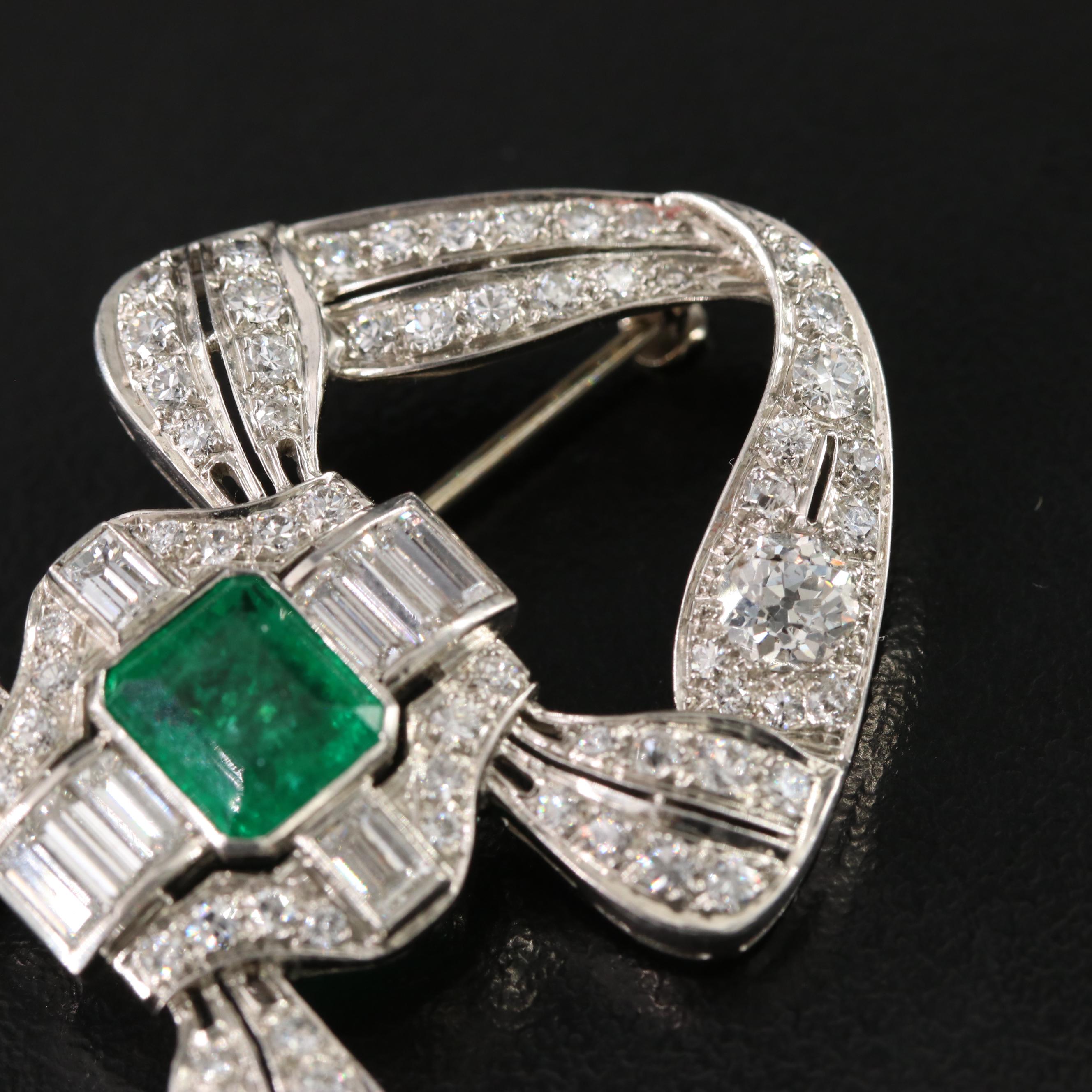Edwardian 1.71 CT Emerald and 3.60 CTW Diamond Platinum Bow Brooch