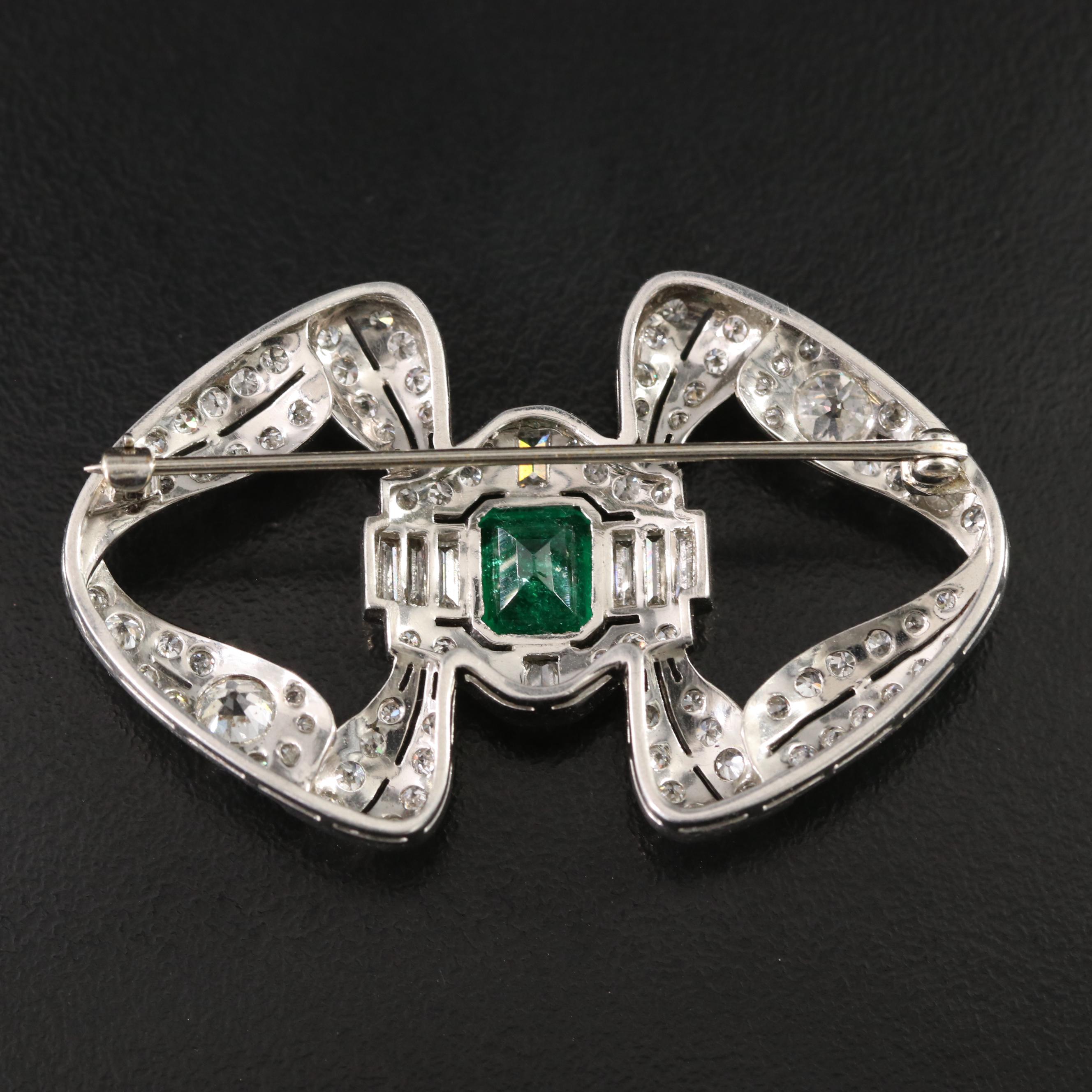 Edwardian 1.71 CT Emerald and 3.60 CTW Diamond Platinum Bow Brooch