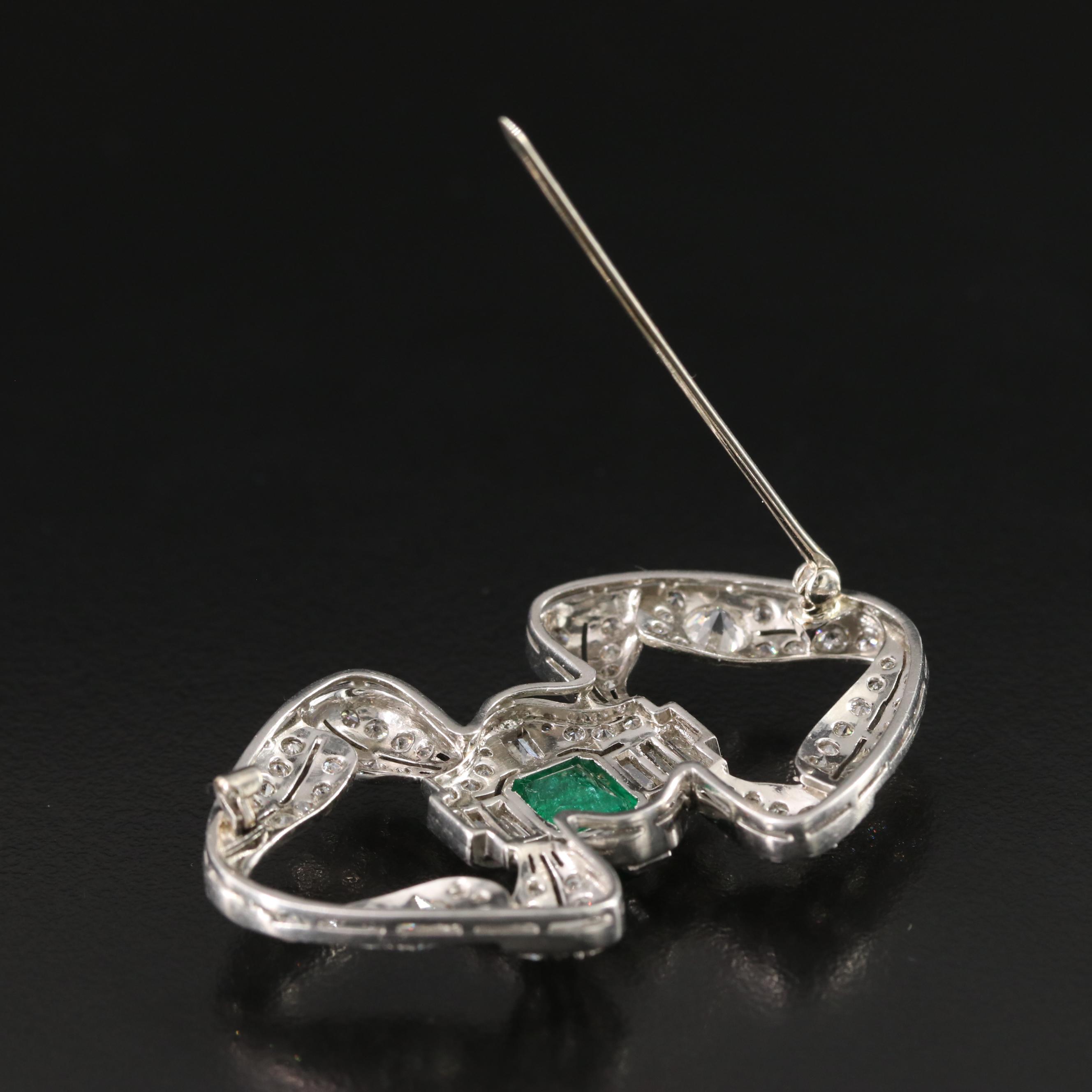 Edwardian 1.71 CT Emerald and 3.60 CTW Diamond Platinum Bow Brooch