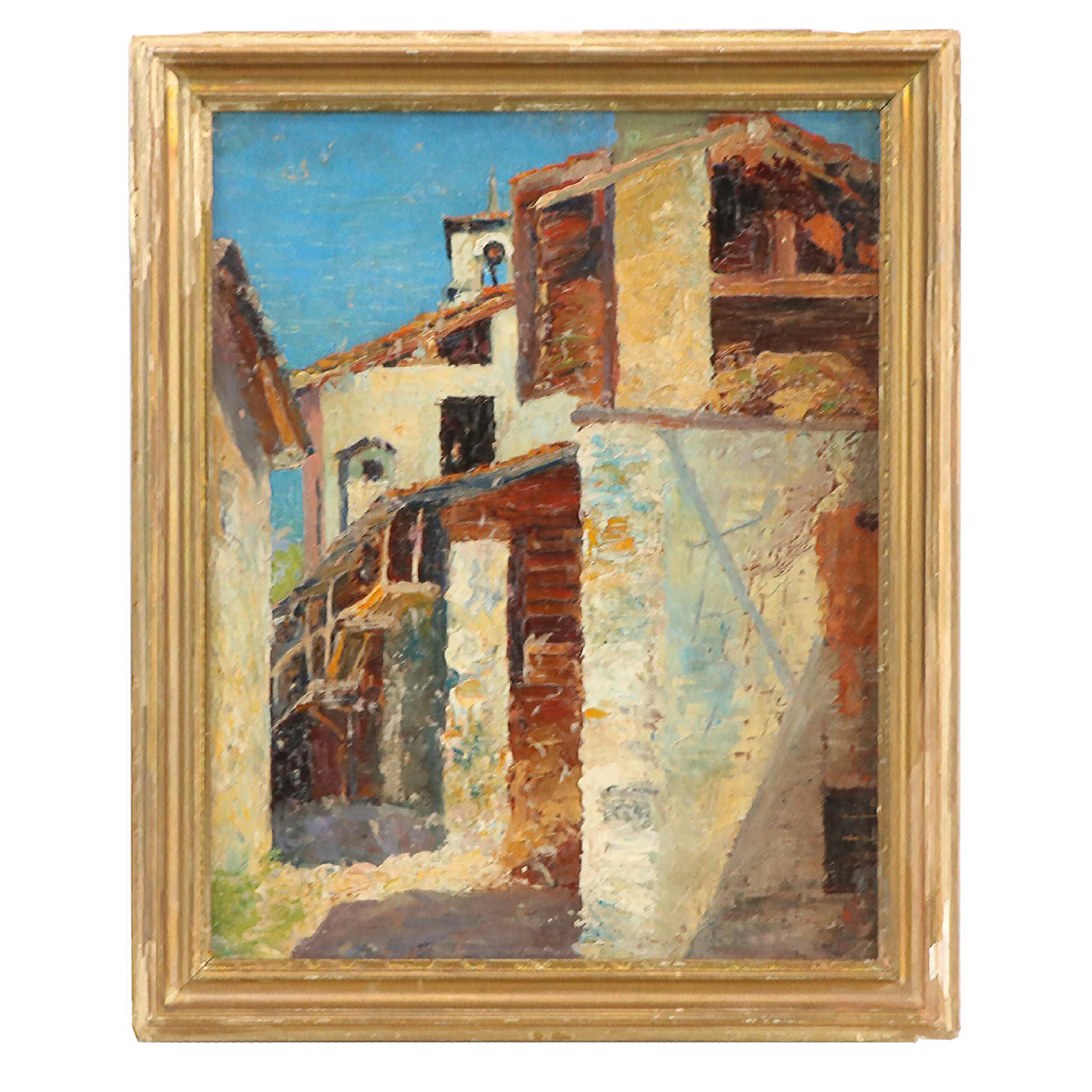 Cityscape with Bell Tower Oil Painting of Alley Scene