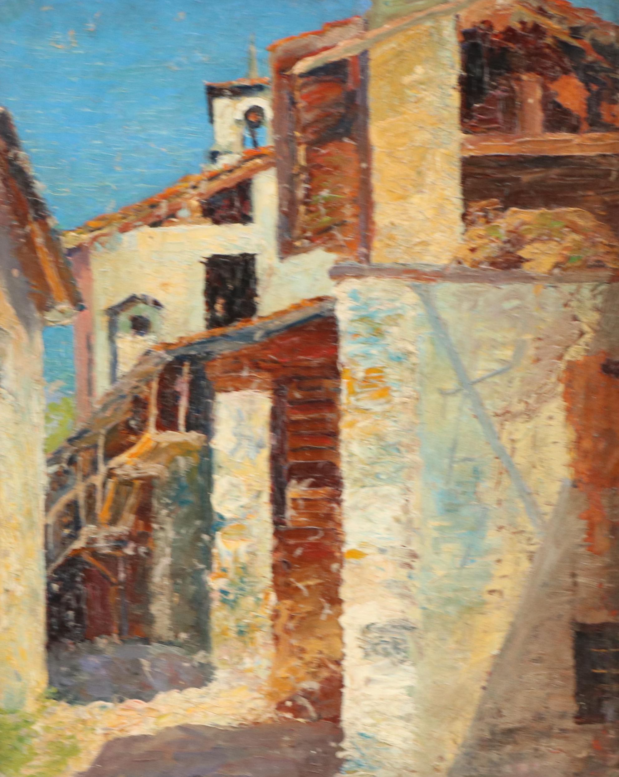 Cityscape with Bell Tower Oil Painting of Alley Scene