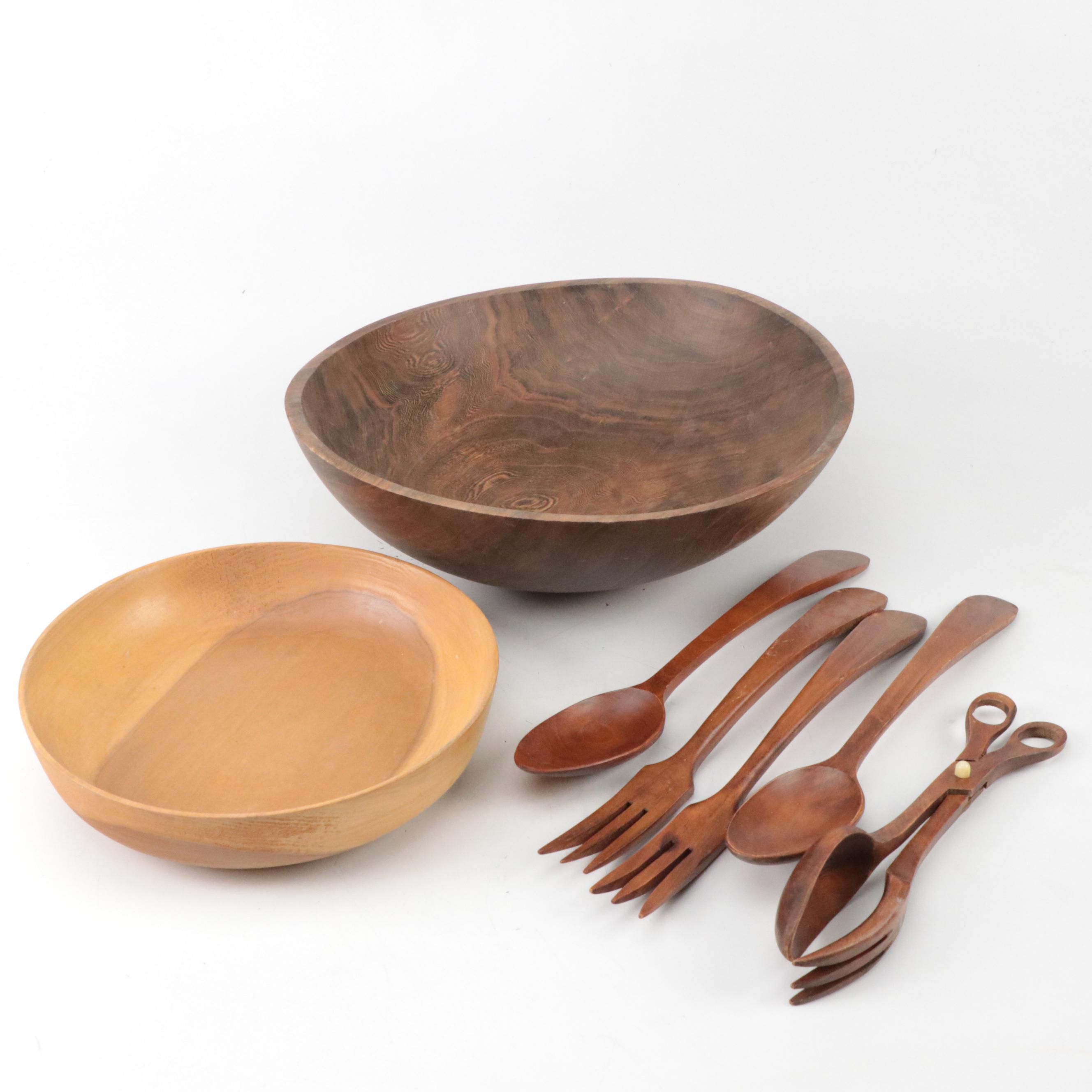 Tuned Wood Bowls with French and Other Carved Wood Serving Utensils