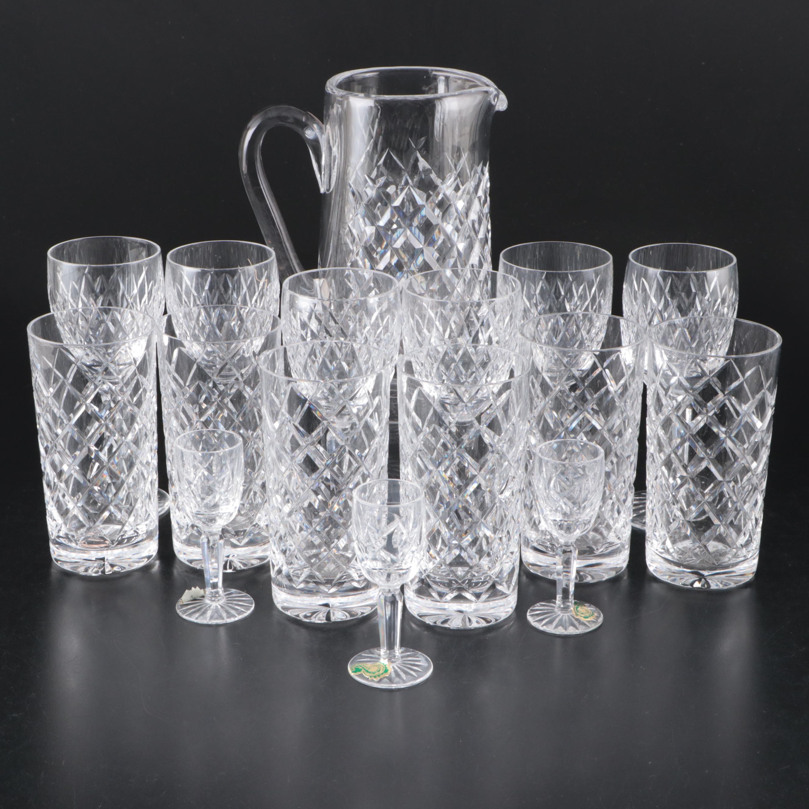 Waterford "Alana" Crystal Pitcher with More Tumblers and Stemware