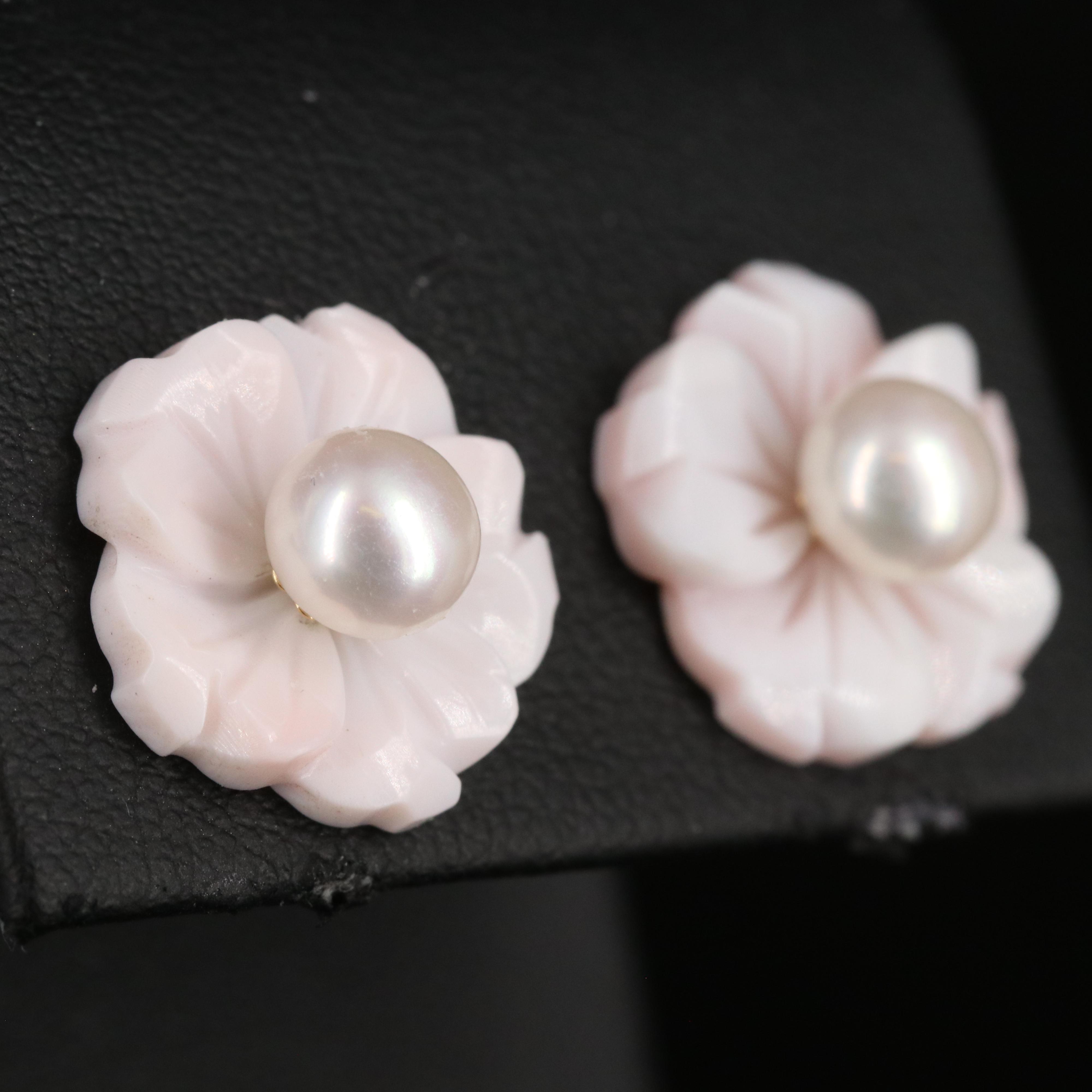 18K Pearl Earrings with Carved Shell Enhancers