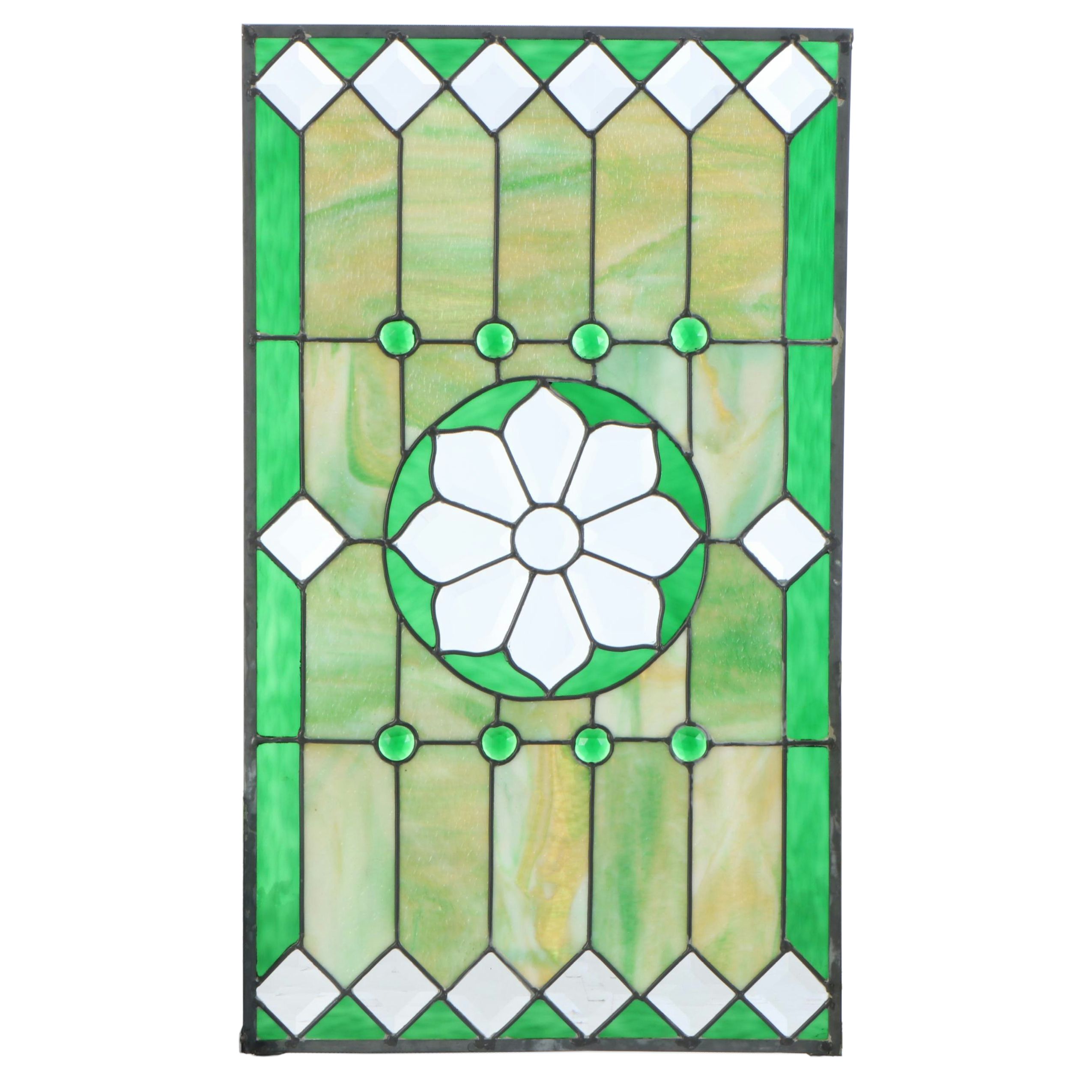 Beveled Clear Floral and Green Stained Glass Window Panel