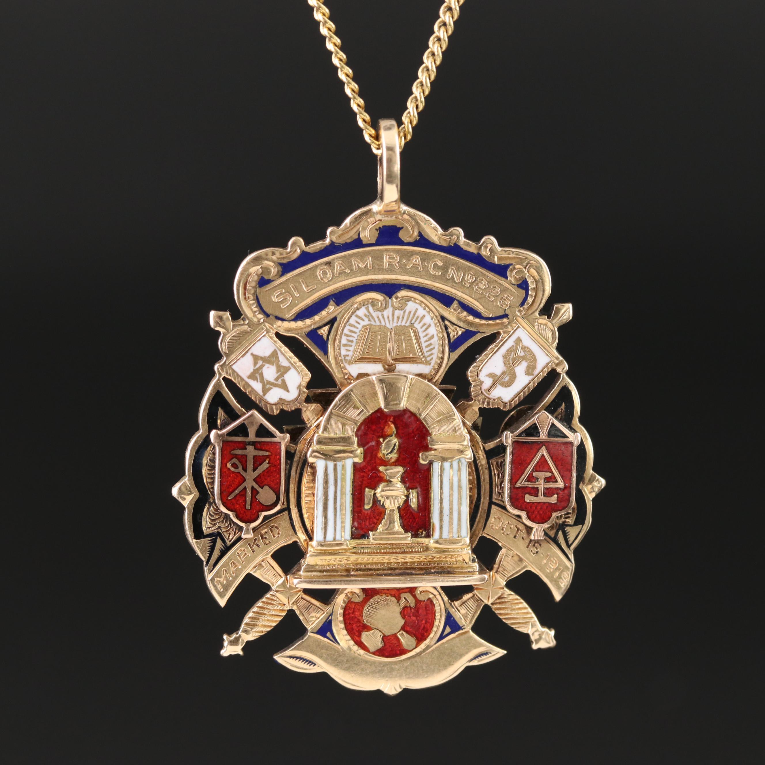 Early 1900s Masonic 14K Enamel Tacony Lodge Pendant Necklace