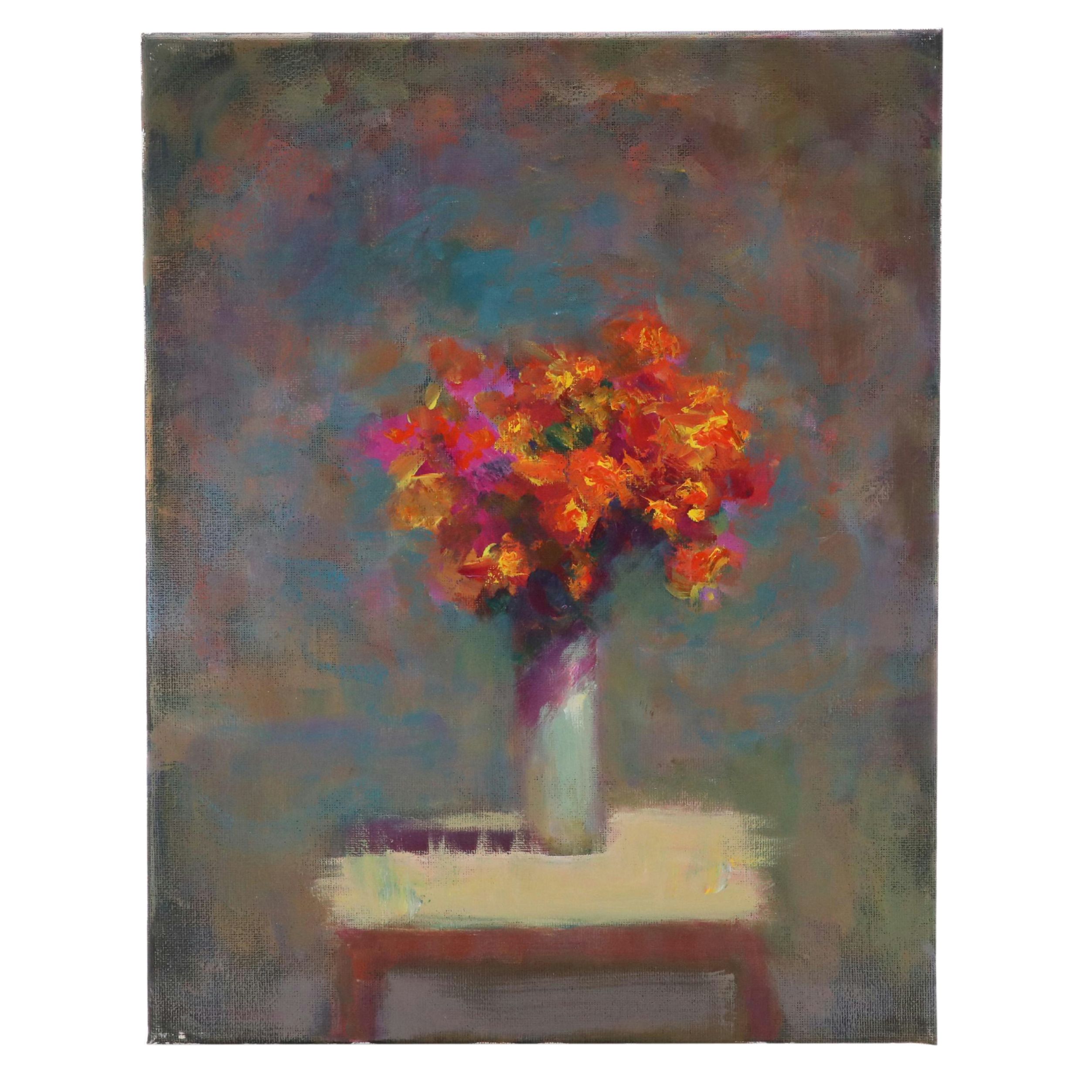 Elle Raines Floral Still Life Acrylic Painting, 21st Century
